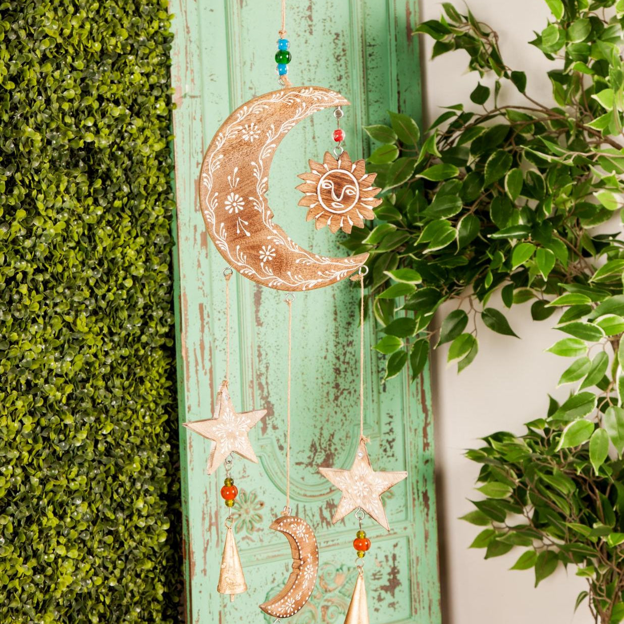 Sun and Moon Gold Mango Wood Handmade Indoor Outdoor Windchime with Glass Beads and Cone Bells