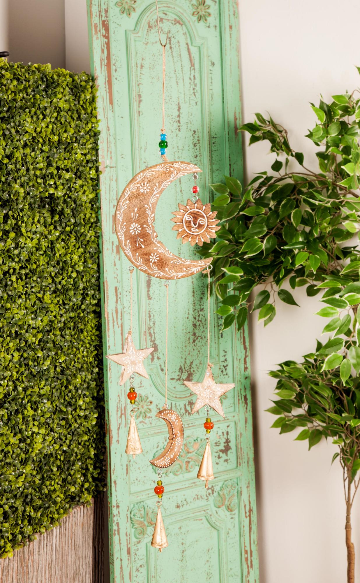 Sun and Moon Gold Mango Wood Handmade Indoor Outdoor Windchime with Glass Beads and Cone Bells