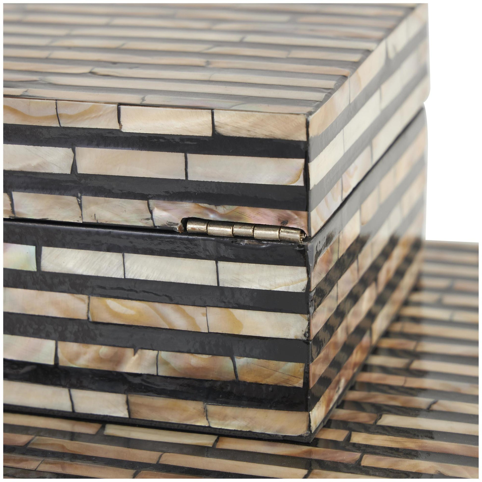Set of 2 Beige Mother of Pearl Shell Handmade Decorative Box with Linear Mosaic Pattern and Hinged Lid