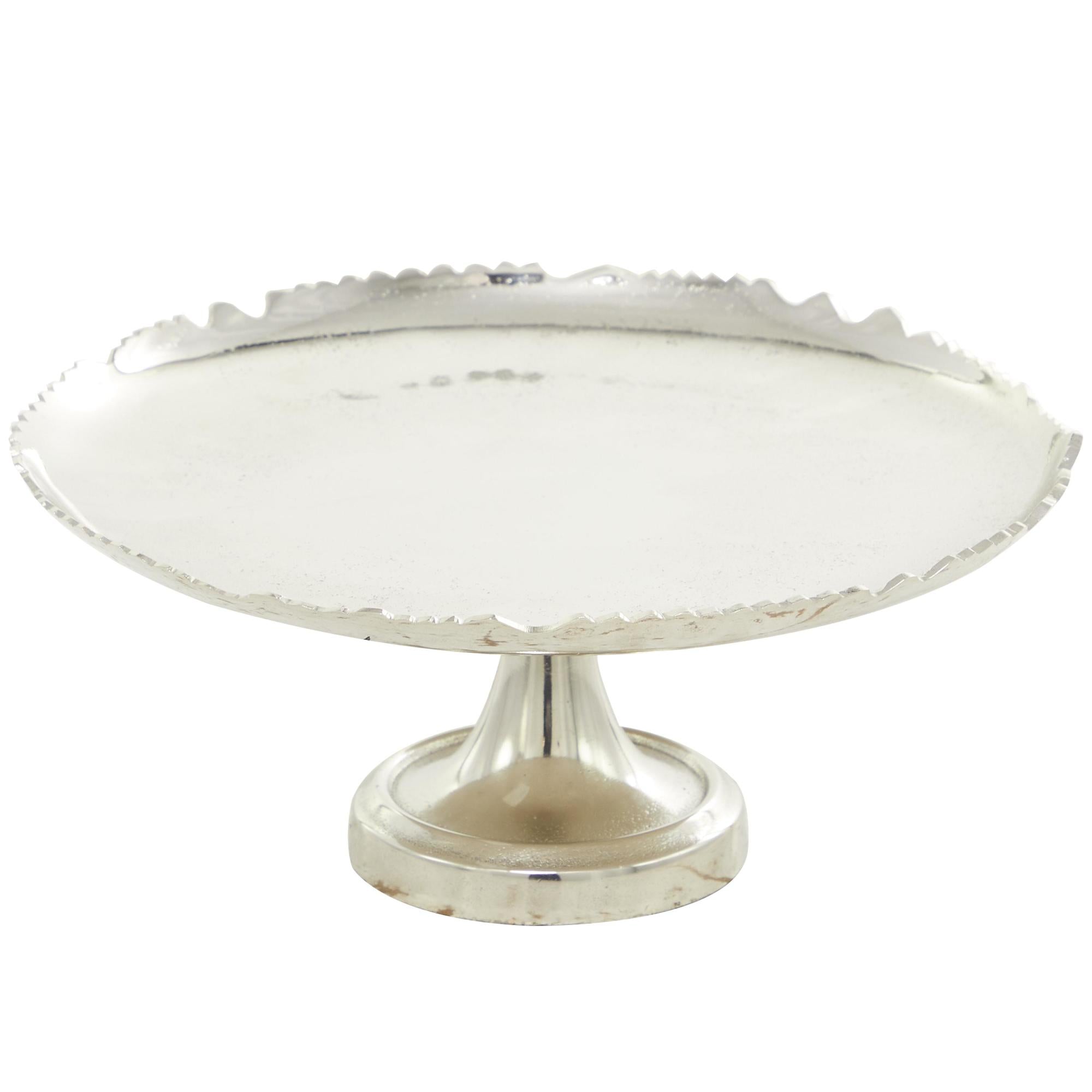 CosmoLiving by Cosmopolitan Silver Aluminum Metal Scalloped Pedestal Decorative Cake Stand with Abstract Cutout Edge