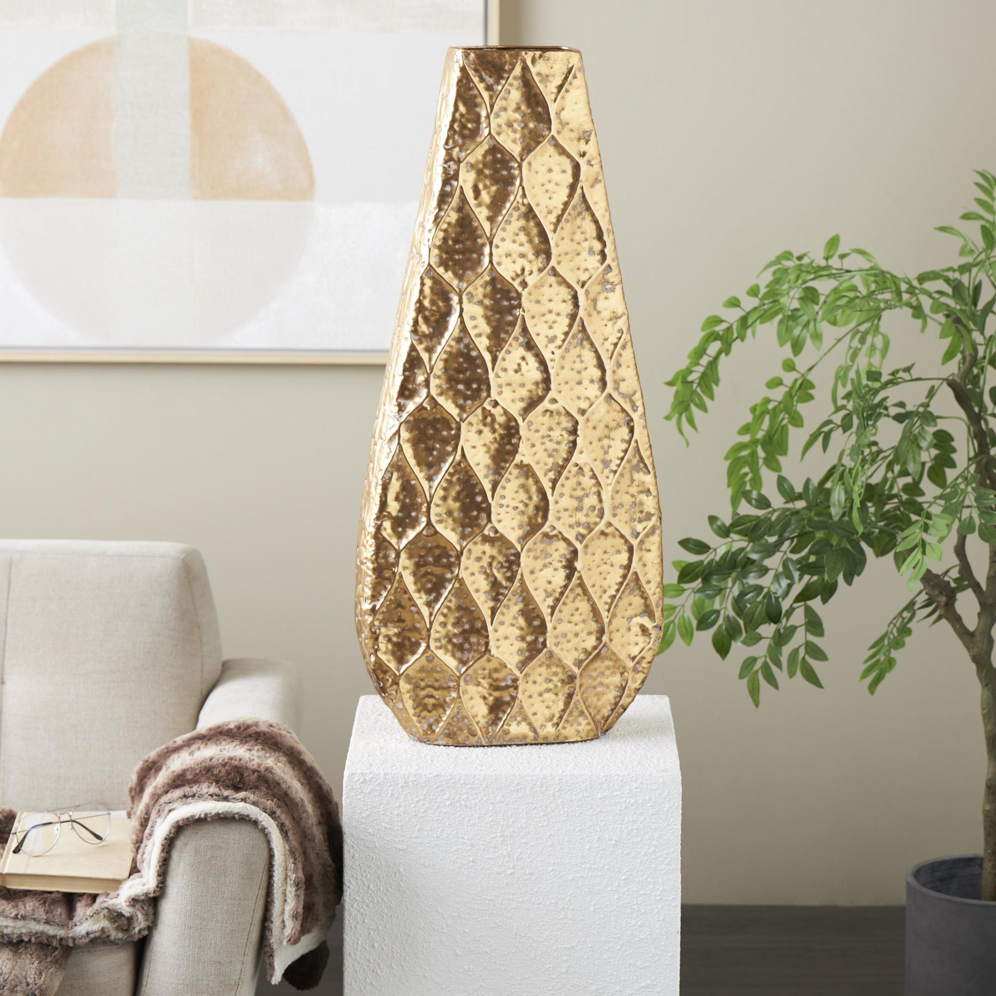 Gold Metal Textured Concaved Teardrop Decorative Vase with Peacock Inspired Design