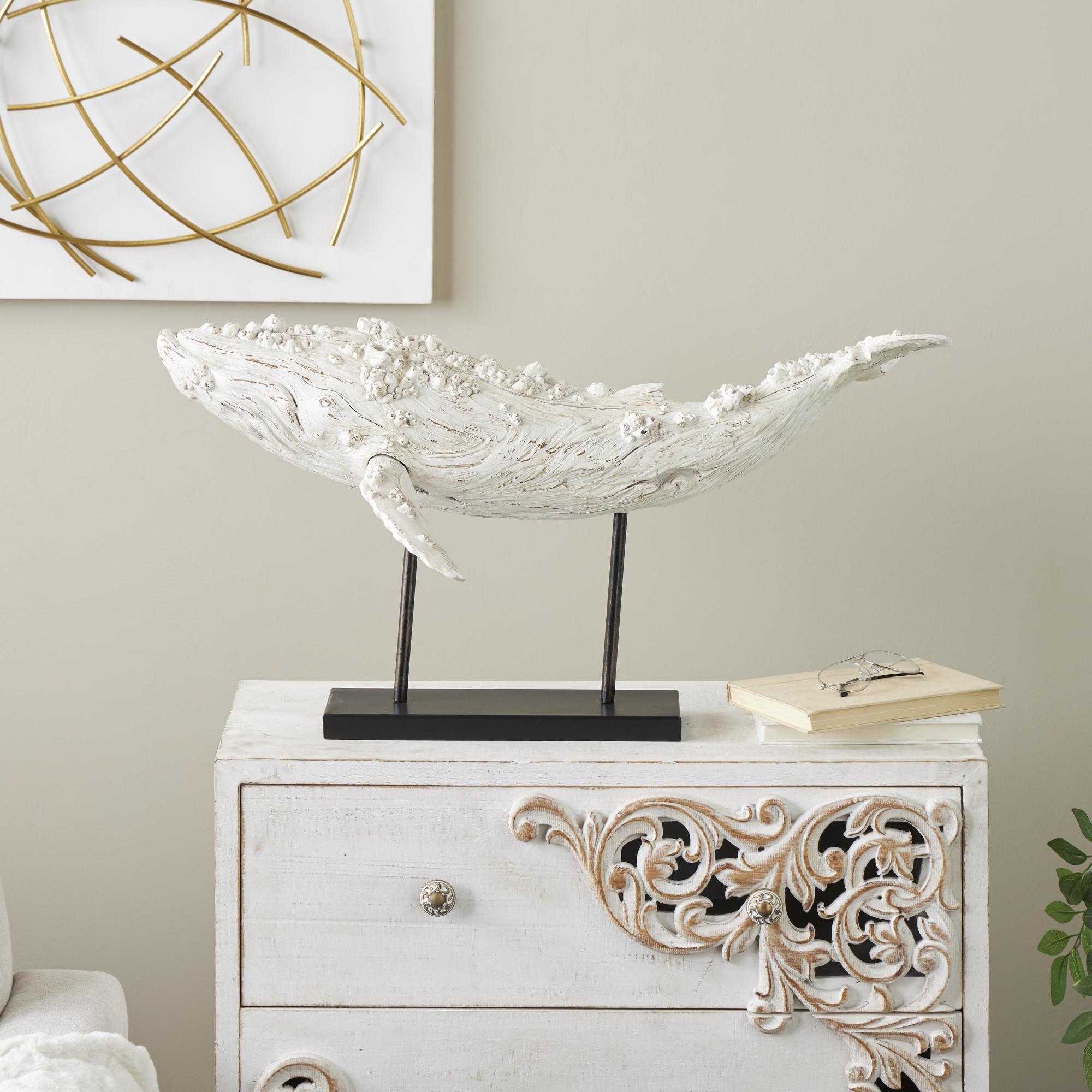 Whale Cream Polystone Textured Decorative Sculpture with Brown Distressing and Black Metal Stand