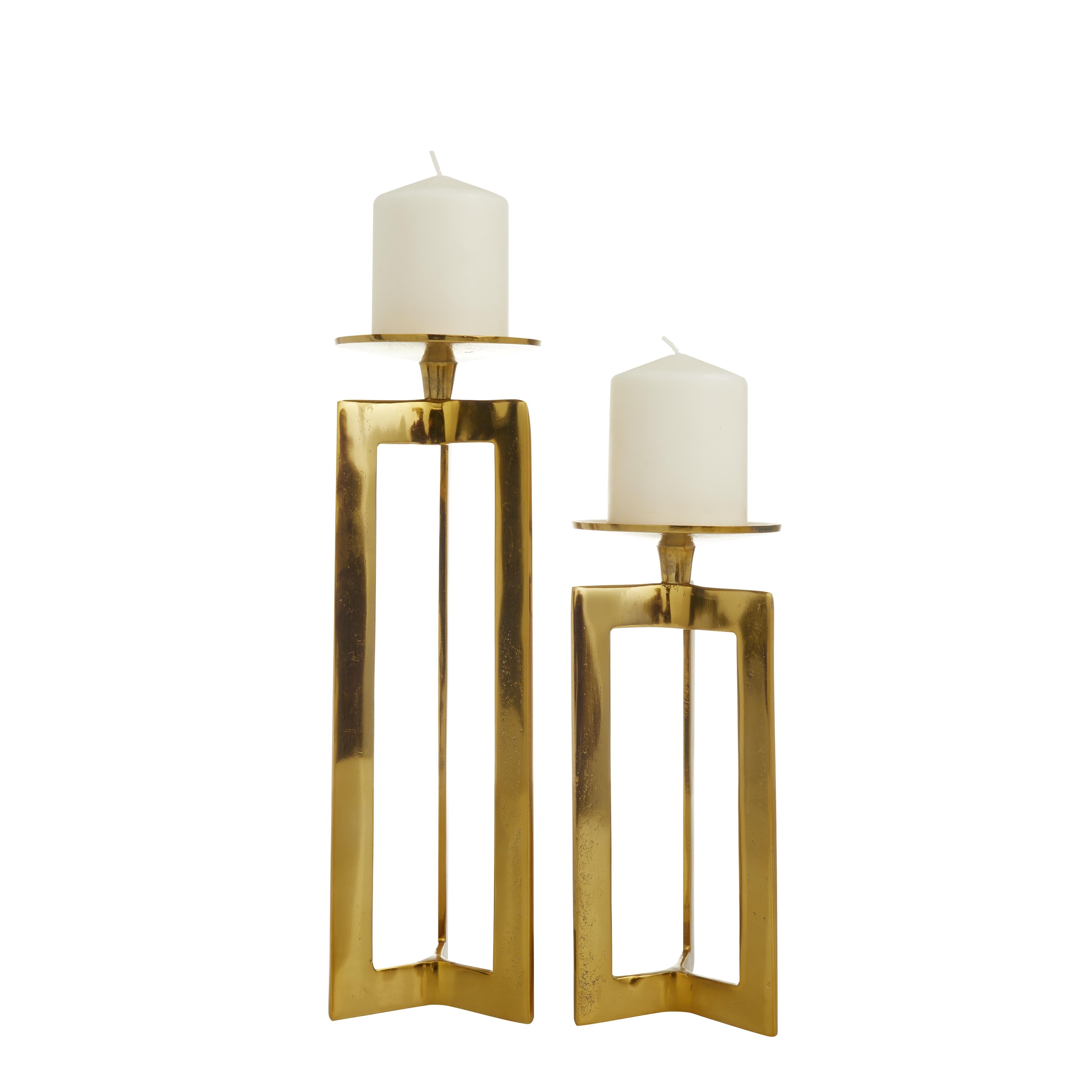 CosmoLiving by Cosmopolitan Set of 2 Geometric Aluminum Metal Pillar Decorative Candle Holder