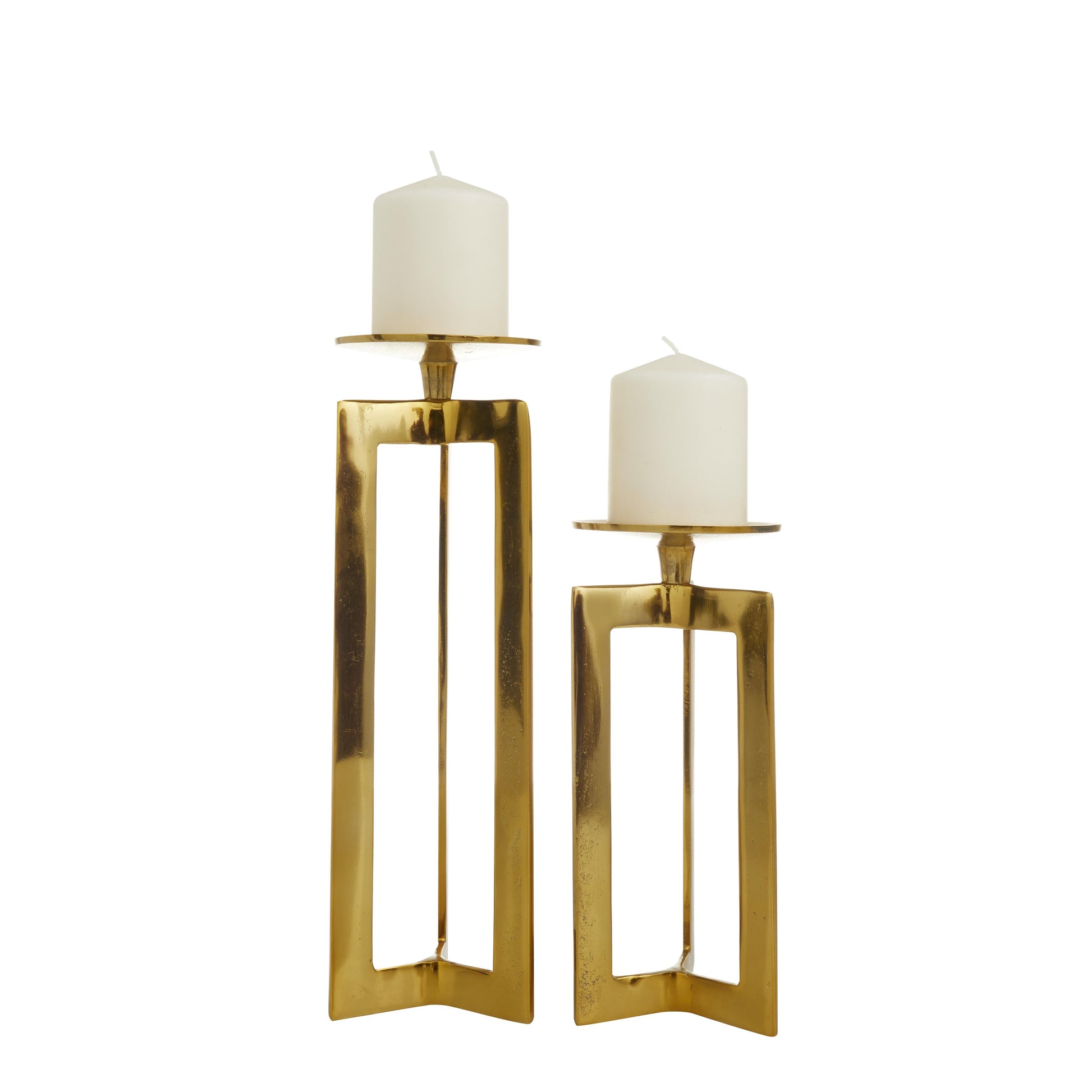 CosmoLiving by Cosmopolitan Set of 2 Geometric Aluminum Metal Pillar Decorative Candle Holder