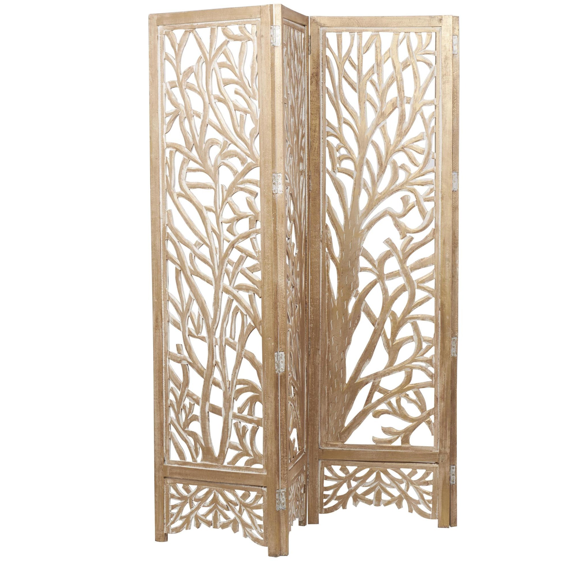 Tree Gold Wooden Hinged Foldable Partition 4 Panel Partition Room Divider Screen with Carved Designs