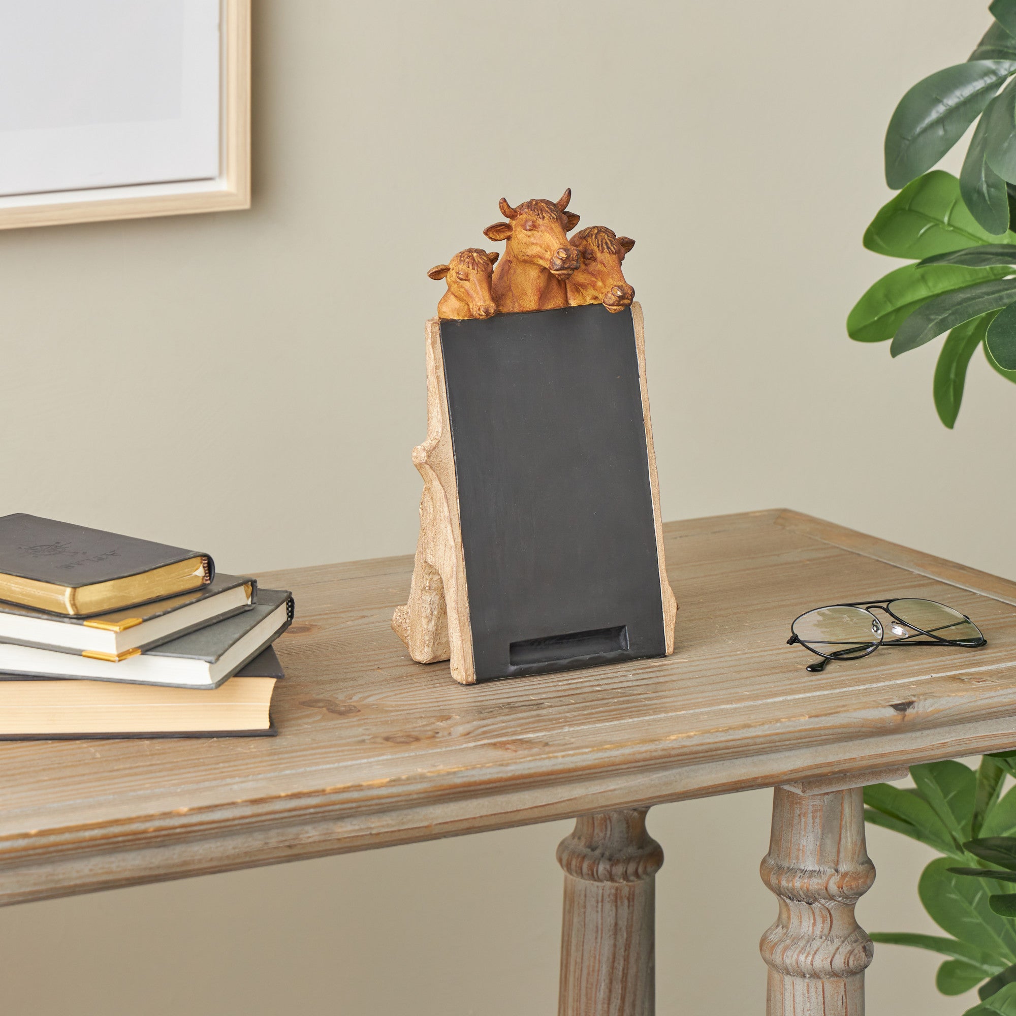 Cow Black Polystone Chalkboard Home Decorative Sign with Brown Tree Trunk Frame