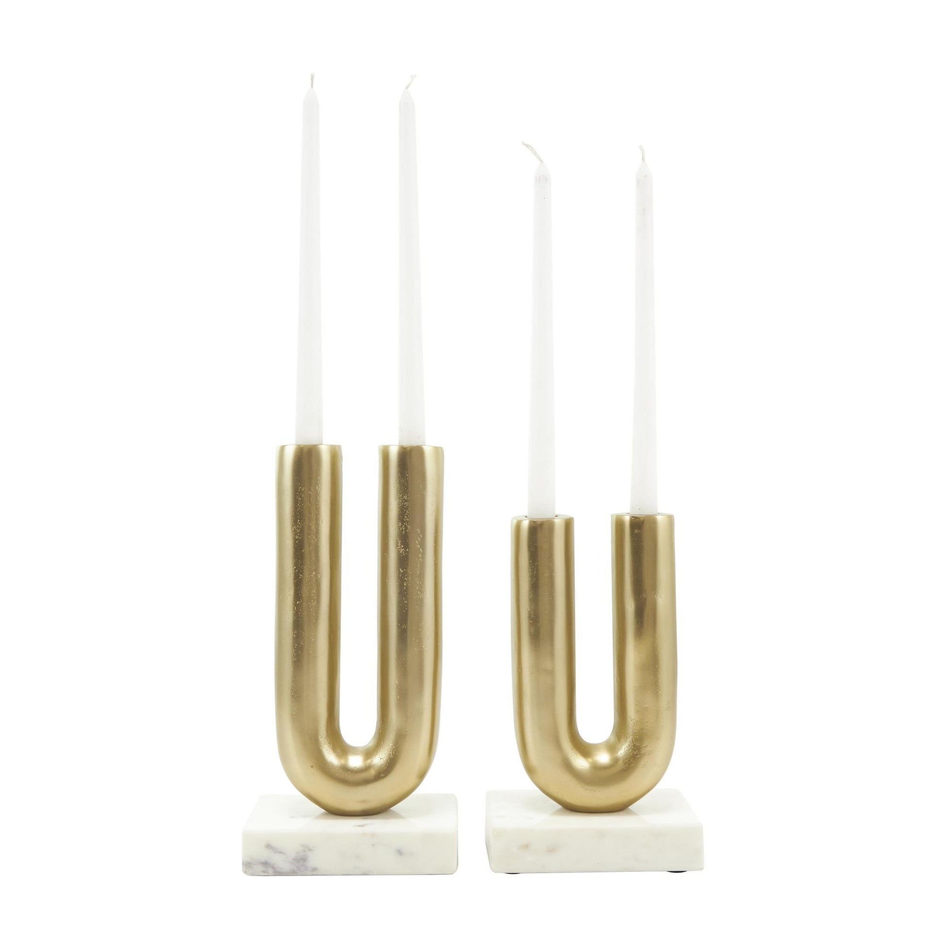 Set of 2 Geometric Aluminum Metal U-Shaped Decorative Candle Holder with Marble Bases