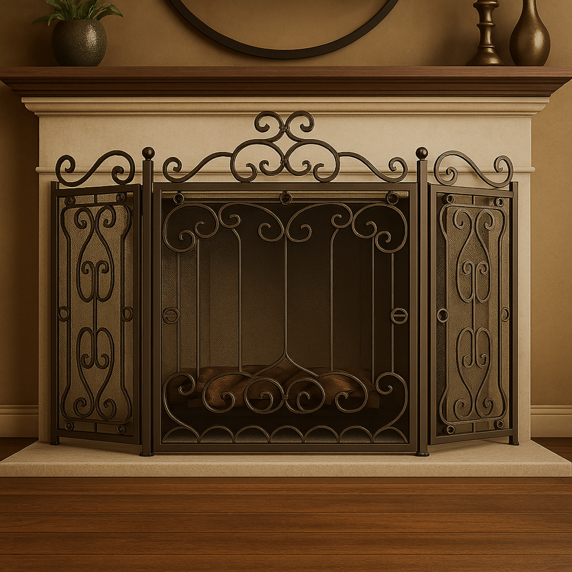 Scroll Dark Brown Metal Foldable Mesh Netting 3 Panel Living Room Fireplace Screen
