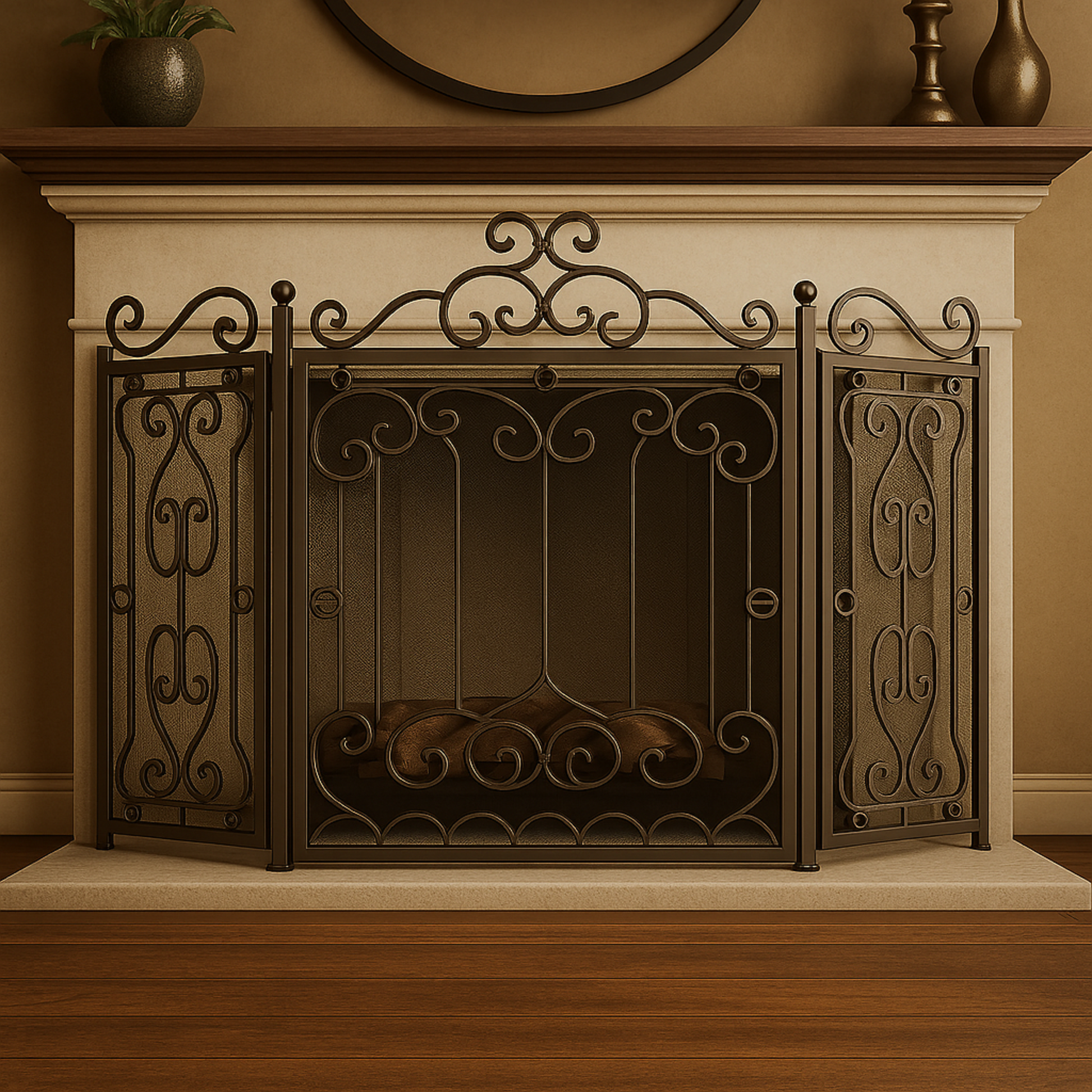 Scroll Dark Brown Metal Foldable Mesh Netting 3 Panel Living Room Fireplace Screen