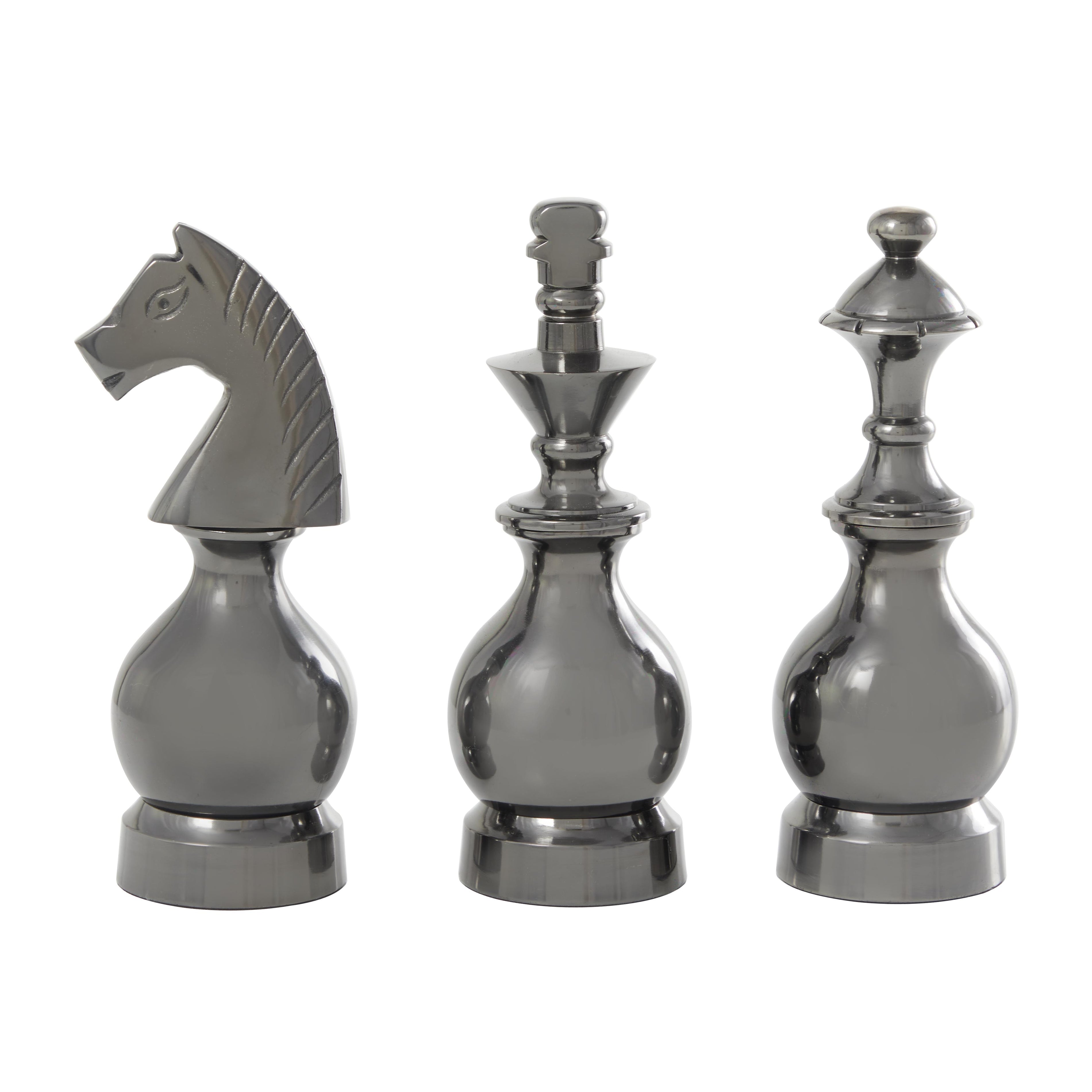 Set of 3 Chess Aluminum Metal King, Knight, Bishop Decorative Sculpture