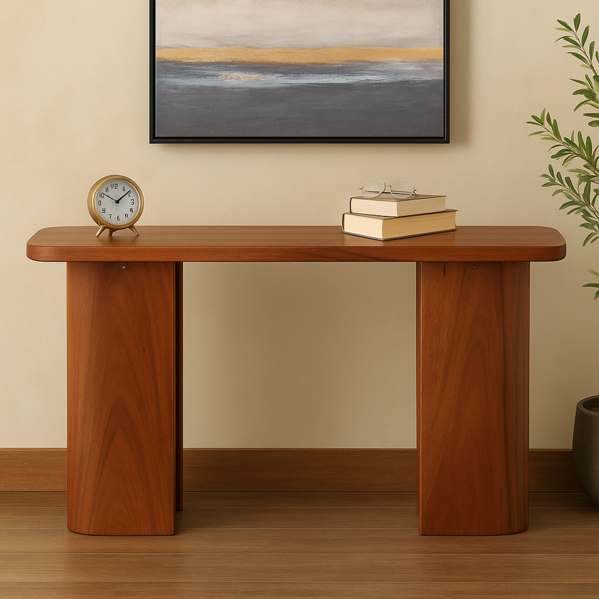 Dark Brown Wood Rectangular Living Room Console Table with Curved Legs Panels