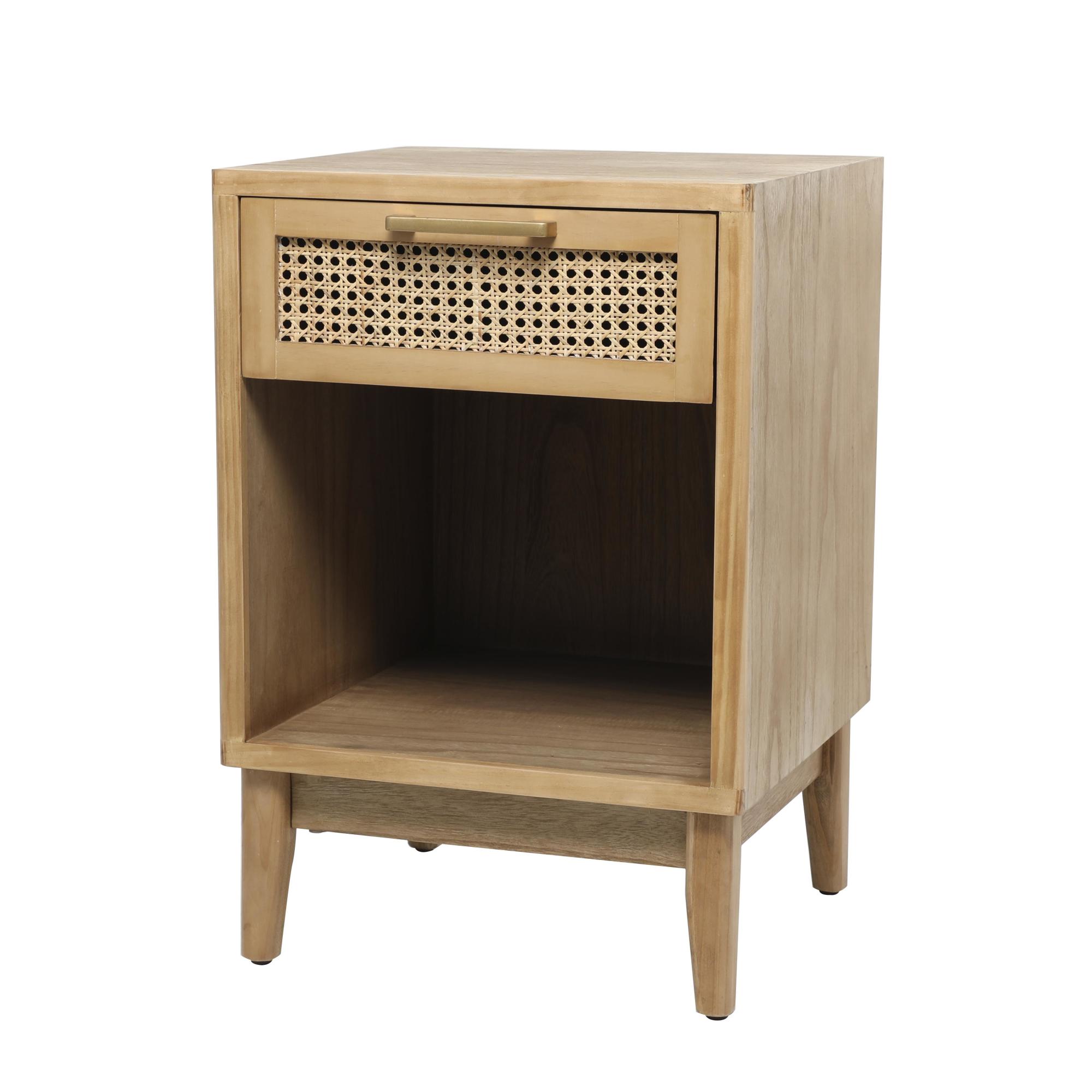 Wood 1 Drawer and 1 Cubby Shelf Side End Accent Table with Beige Rattan Drawer and Gold Handle