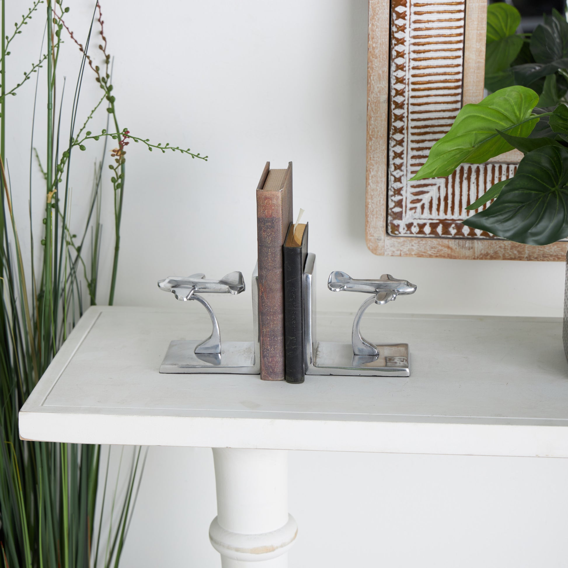 Set of 2 Airplane Silver Aluminum Metal Decorative Bookends