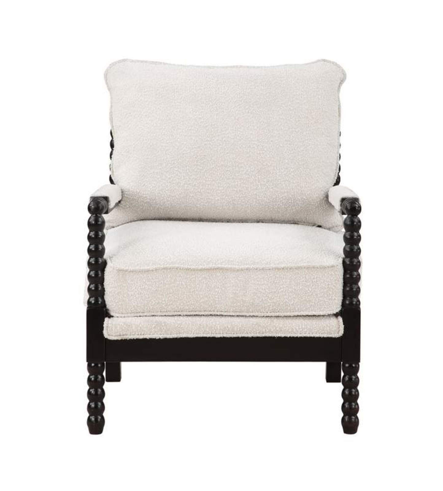 White Fabric Cushioned Living Room Accent Chair with Black Wooden Spindle Legs and Cushioned Armrests