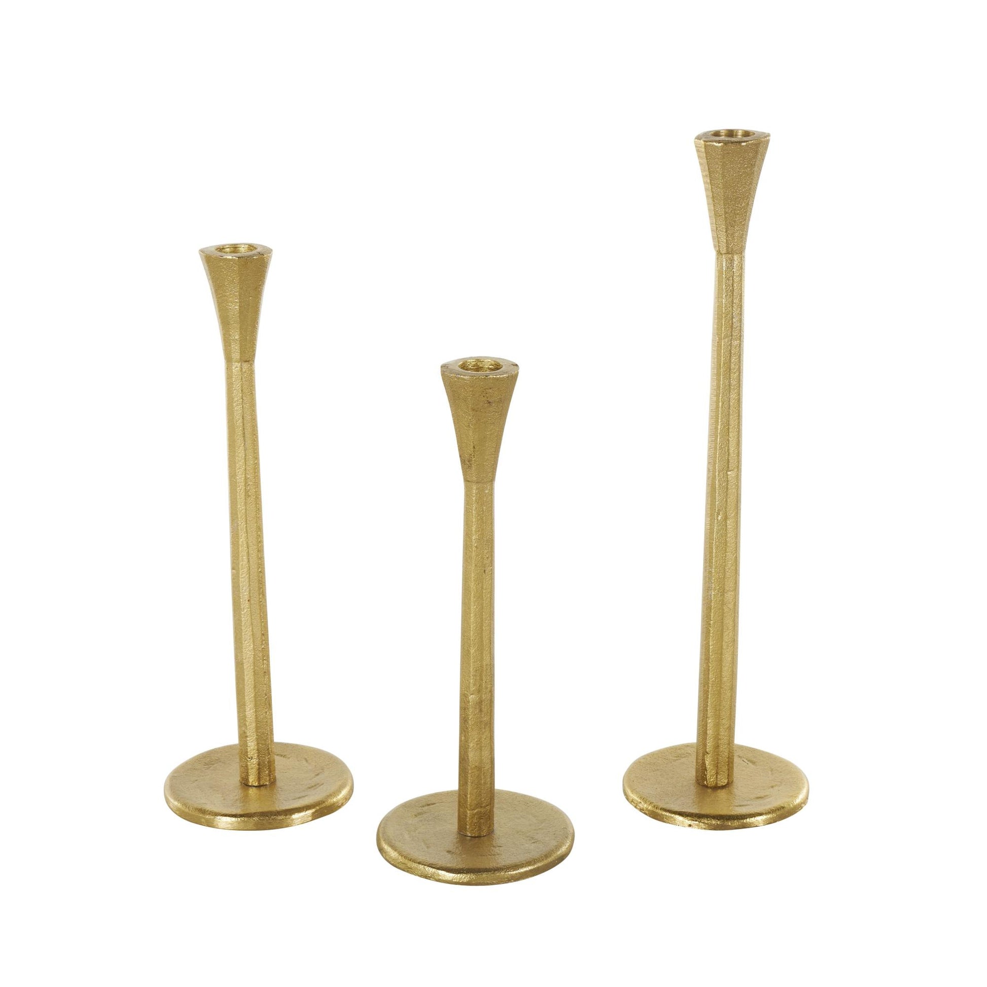 Set of 3 Gold Aluminum Metal Tapered Slim Decorative Candle Holder with Round Base
