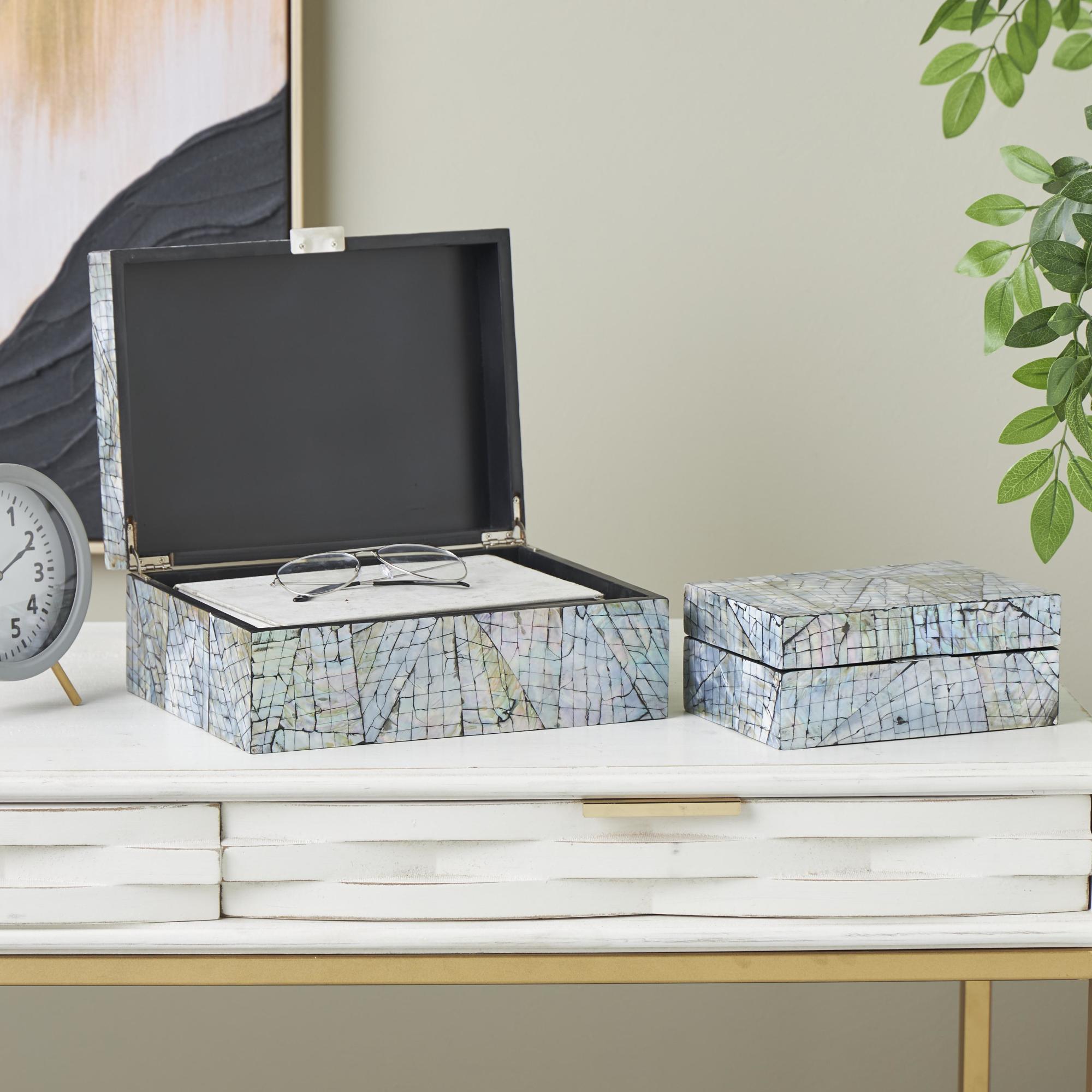 Set of 2 Abstract Multi Colored Mother of Pearl Shell Handmade Mosaic Storage Decorative Box
