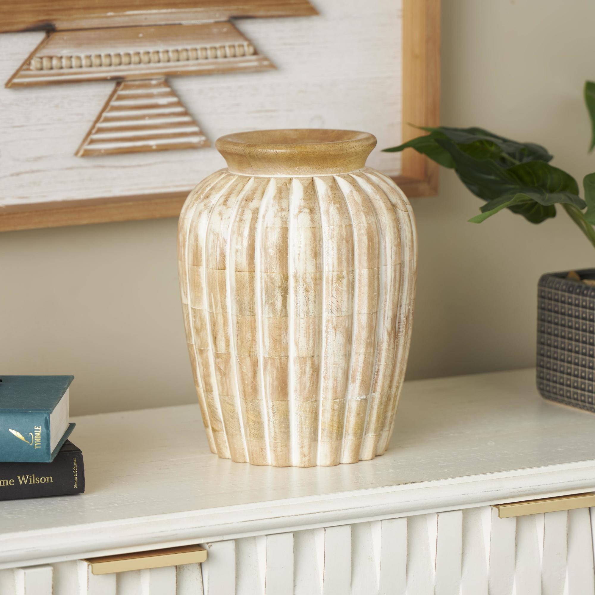 Light Brown Mango Wood Distressed Decorative Vase with Carved Ridges