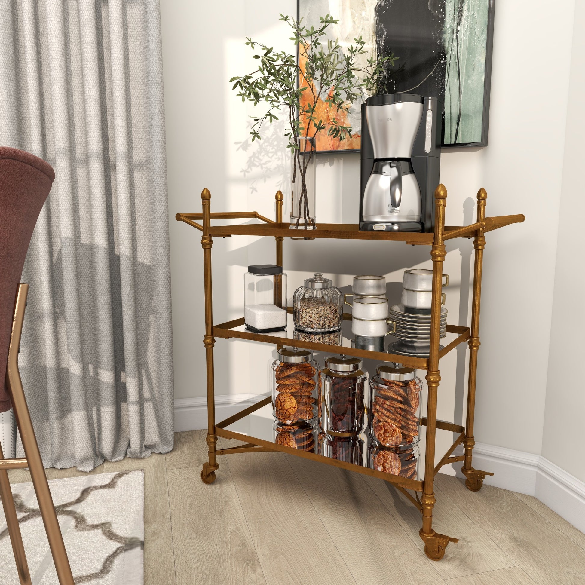 Brass Metal Rolling 3 Shelf Home Bar Cart with Handles