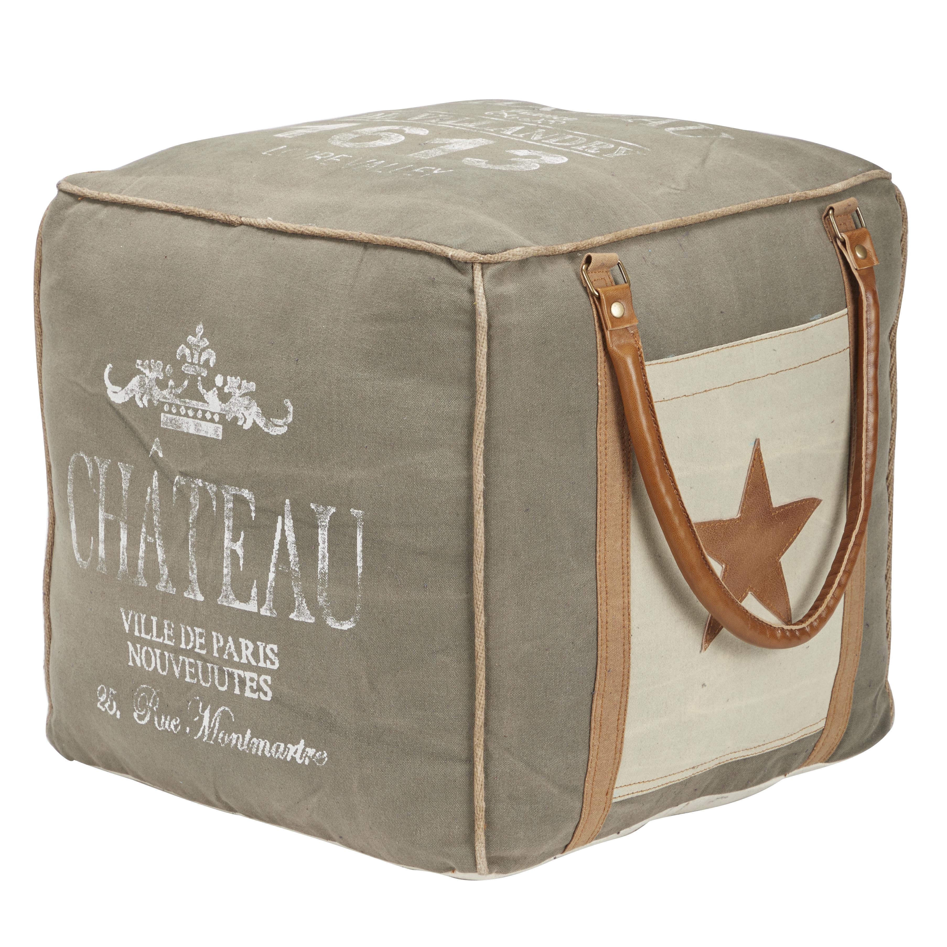 Star Canvas Stuffed Pouf with Leather Accents