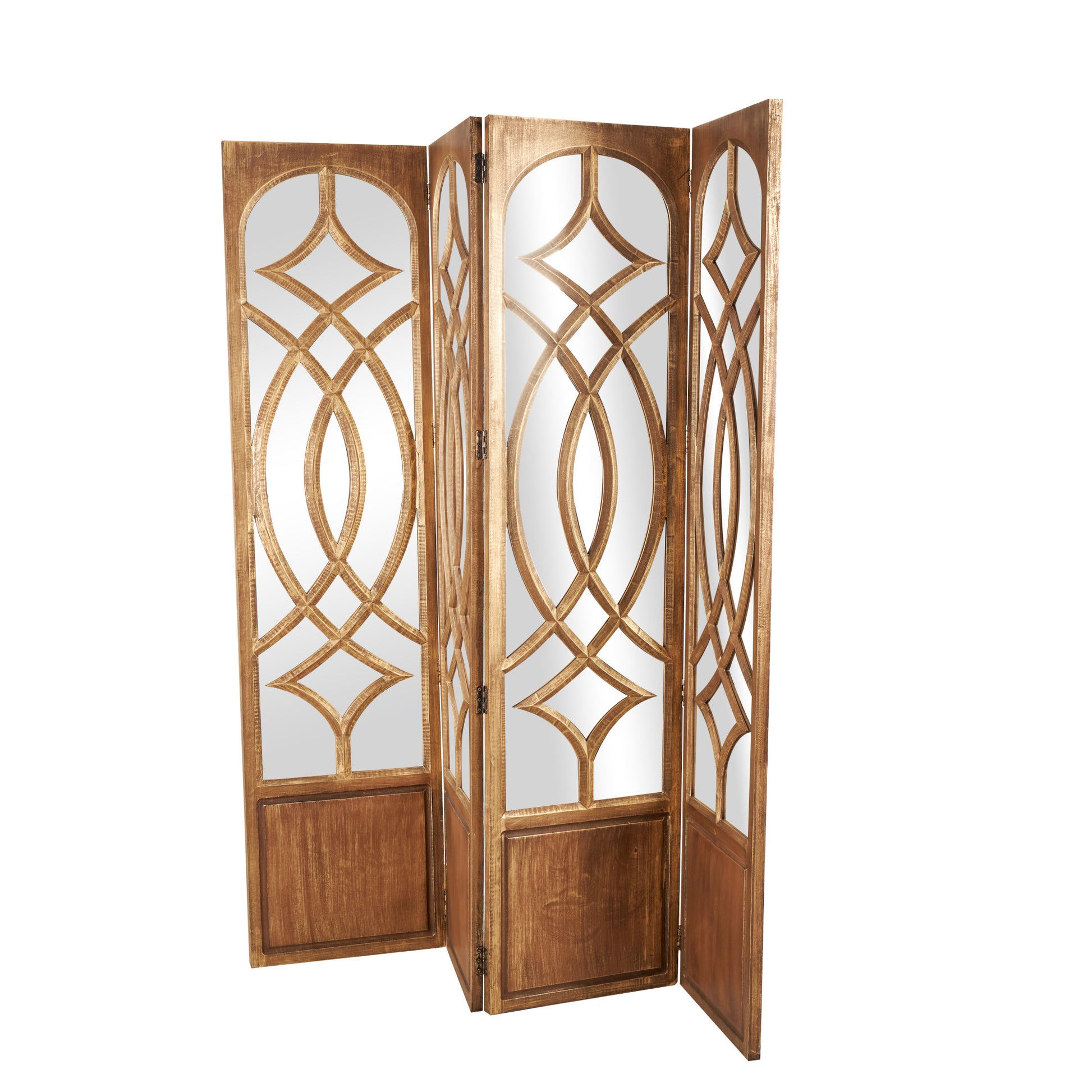 Brown Mango Wood Handmade Hinged Foldable Partition Room Divider Screen with Mirror
