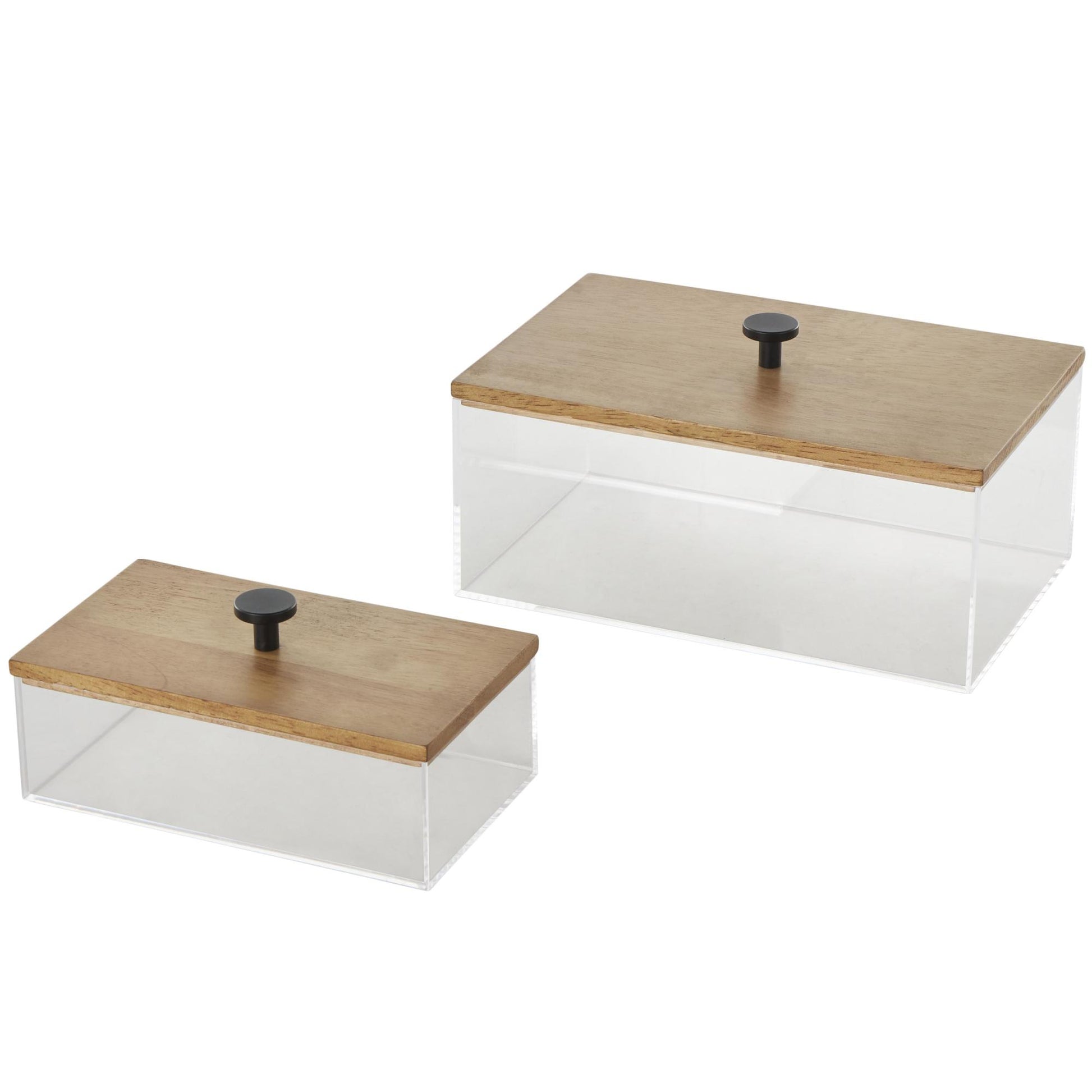 Set of 2 Clear Acrylic Plastic Decorative Box with Brown Wooden Lids and Black Knobs
