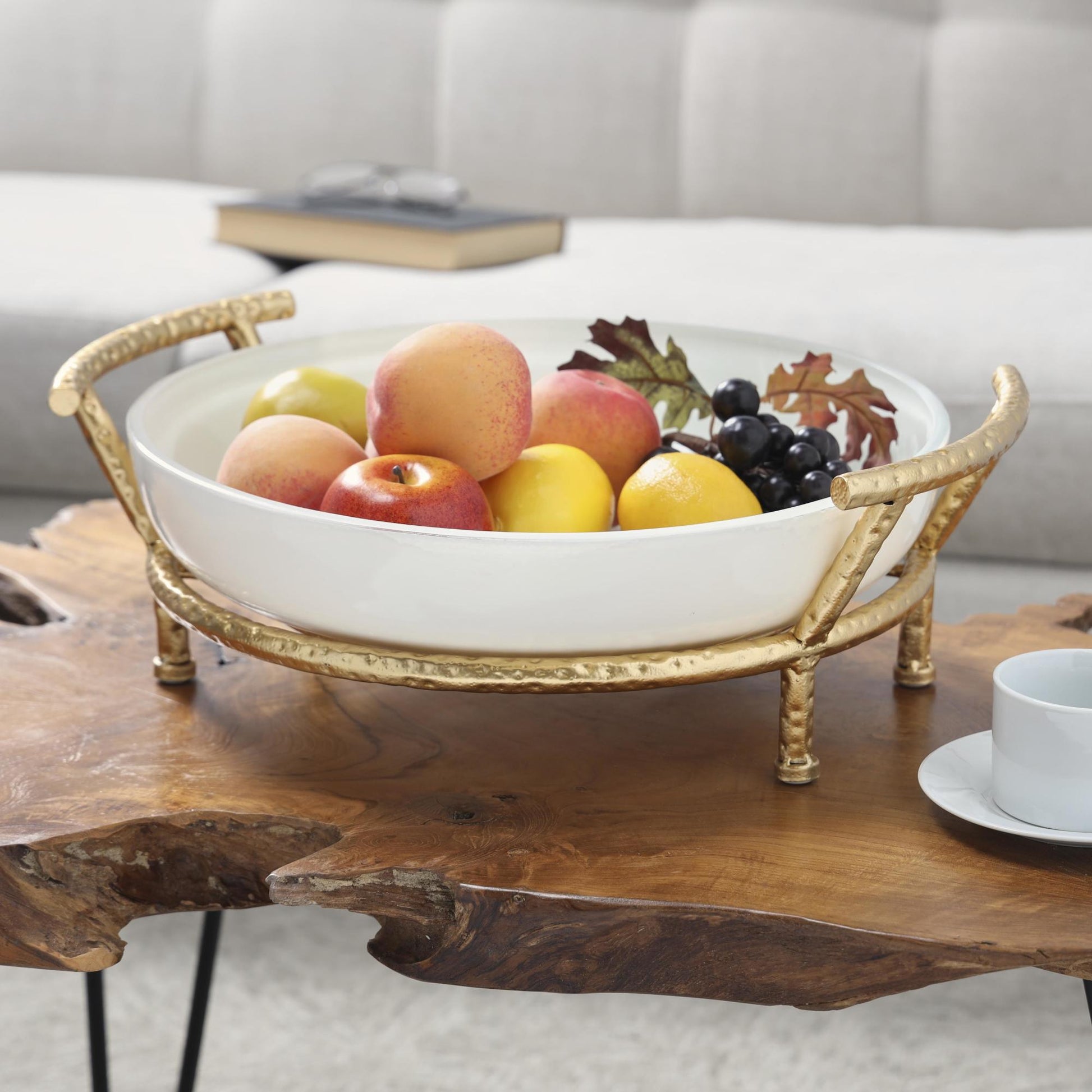 CosmoLiving by Cosmopolitan Kitchen White Glass Decorative Serving Bowl with Gold Metal Stand