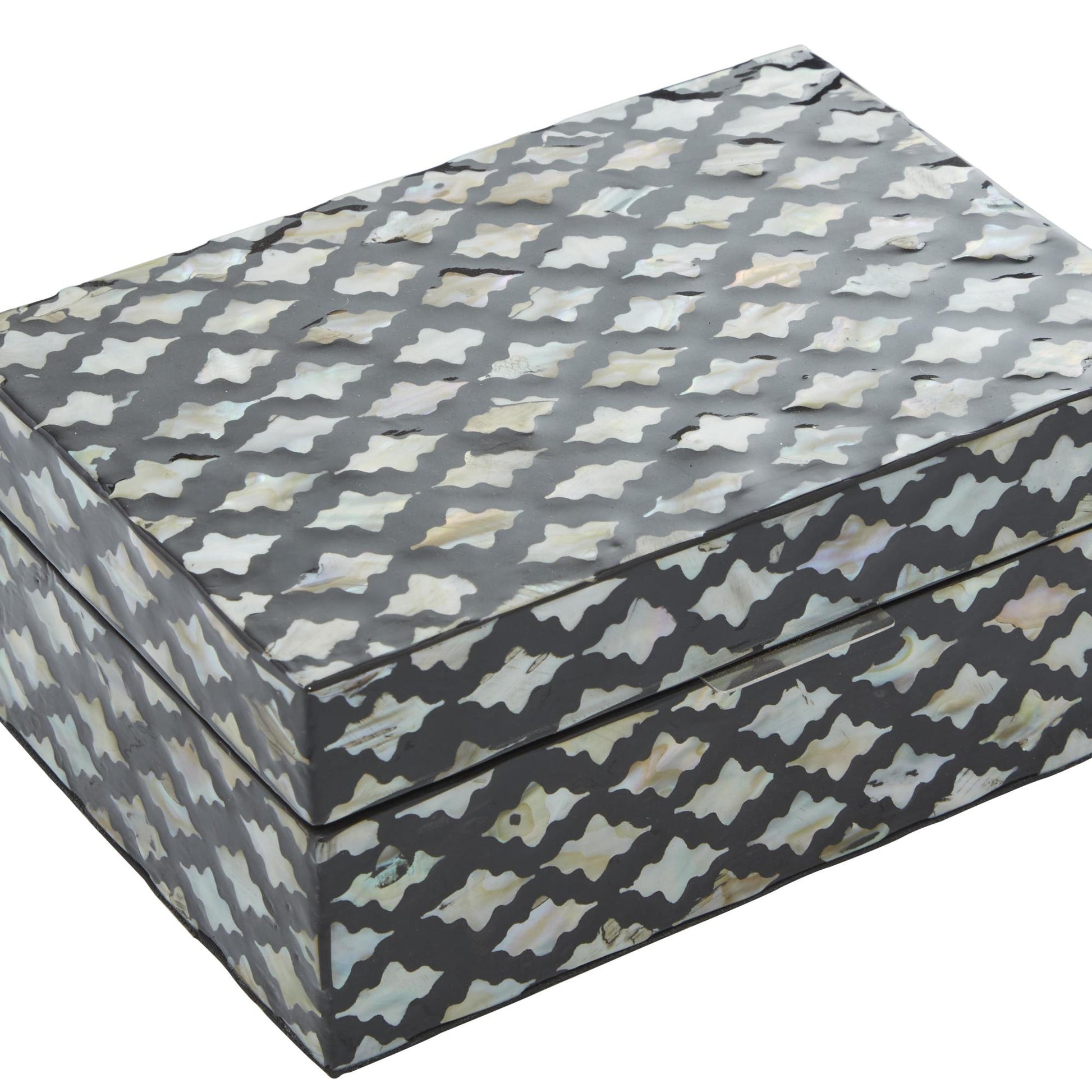 Set of 2 Moroccan Black Mother of Pearl Shell Decorative Box with Hinged Lid
