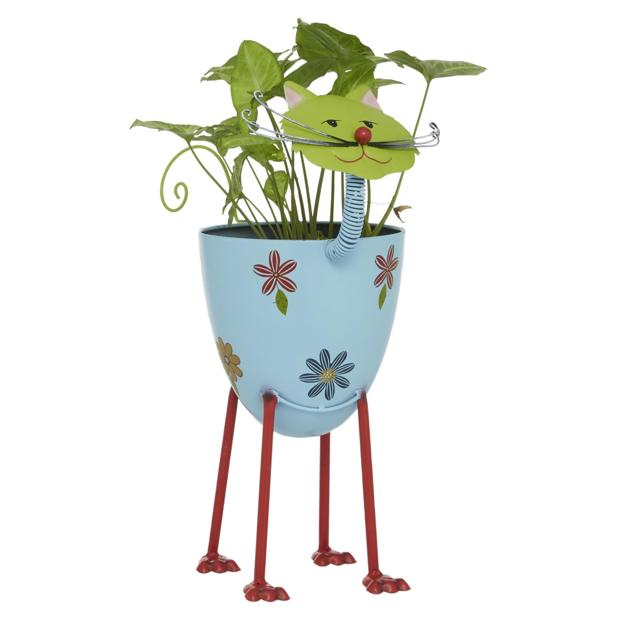 Cat Blue Metal Indoor Outdoor Planter with Flower Pattern