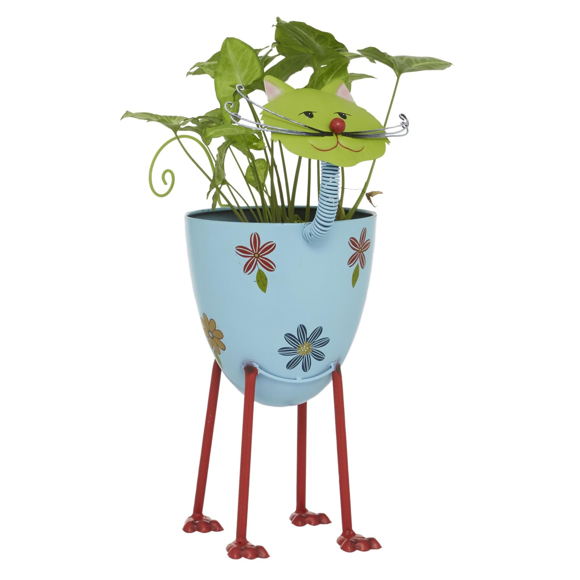Cat Blue Metal Indoor Outdoor Planter with Flower Pattern