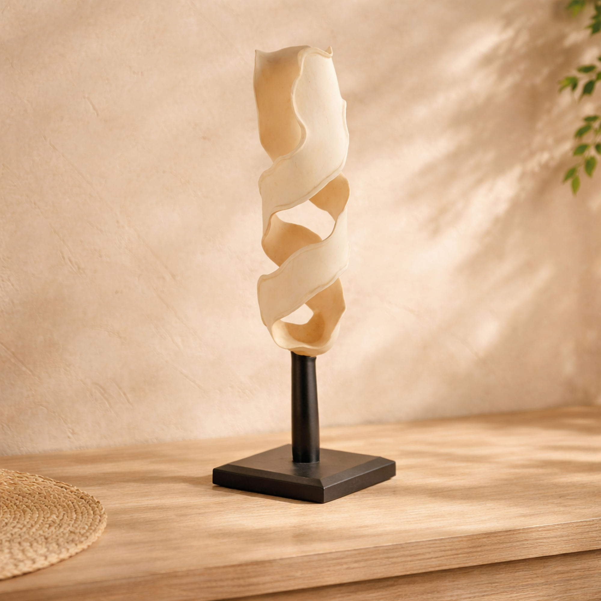 Abstract Cream Teak Wood Handmade Live Edge Intertwined Decorative Sculpture with Black Square Base