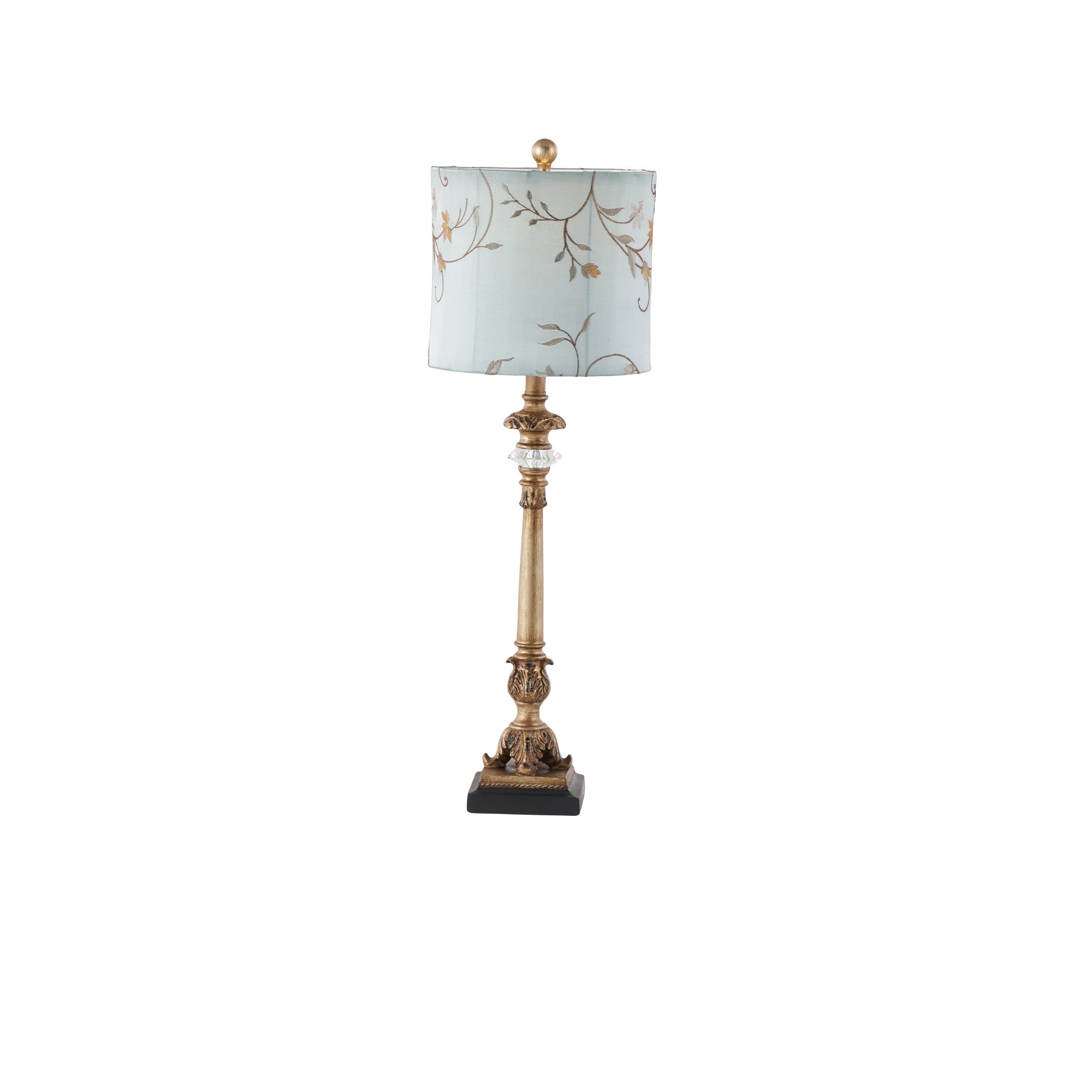 Set of 2 Floral Gold Metal Antique Style Room Buffet Lamp with Light Blue Shade