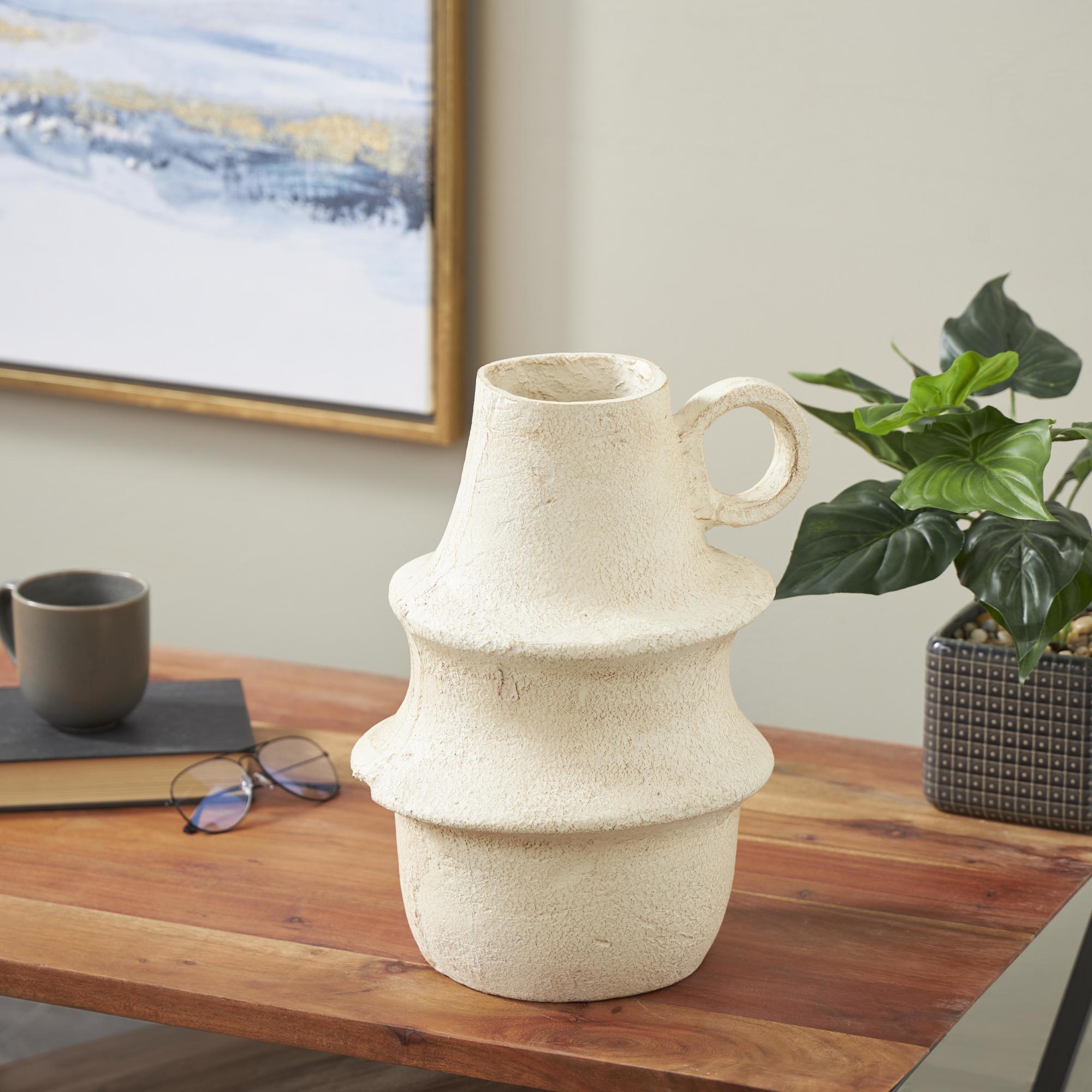 Cream Paper Mache Fluted Decorative Vase with Brown Distressed Texturing and Ring Handle