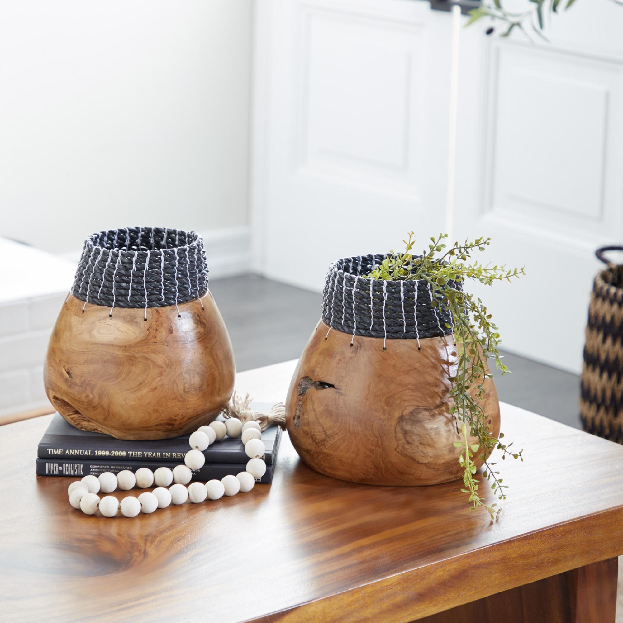 Set of 2 Wood Handmade Decorative Vase with Black Seagrass Accents