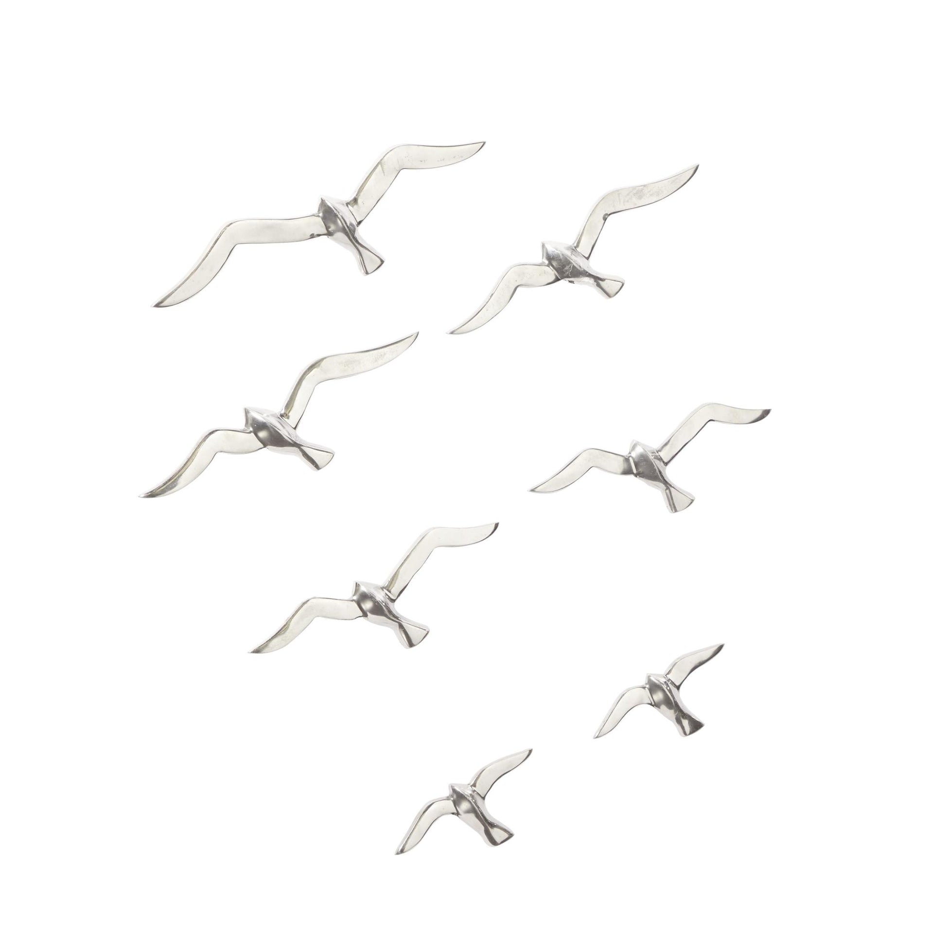 Set of 7 Bird Silver Aluminum Metal Floating Flock of Home Wall Decor