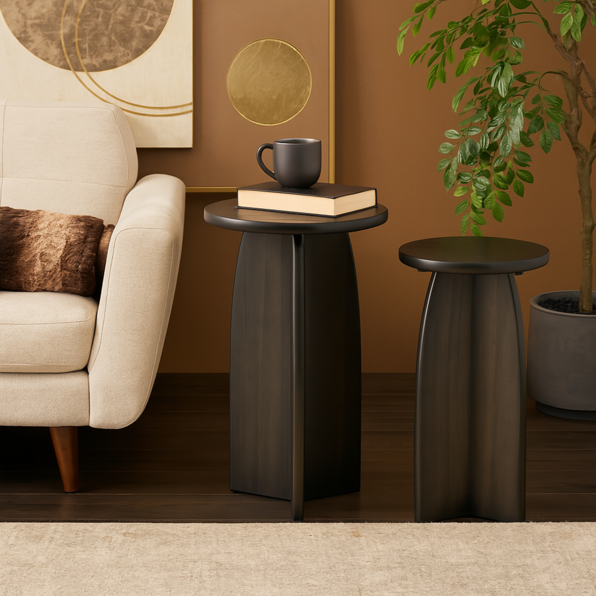 Set of 2 Wood Pedestal Side End Accent Table