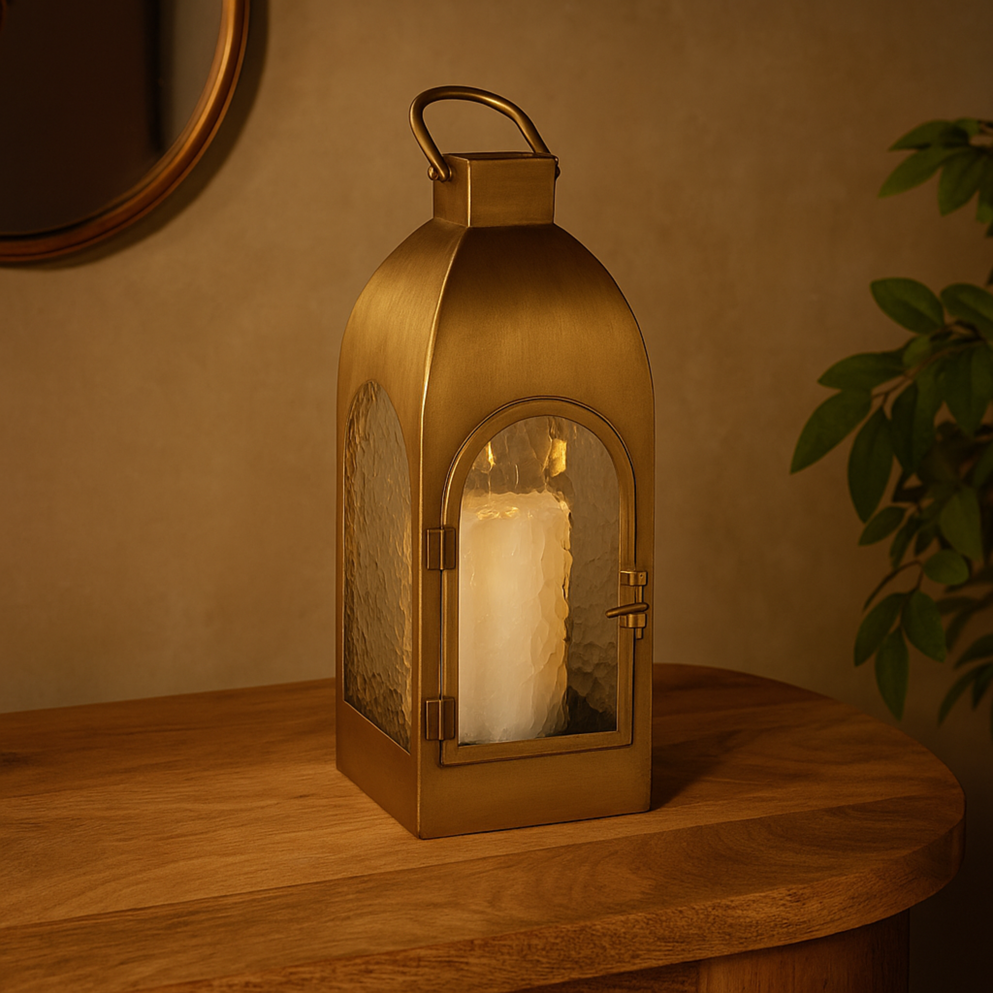 Gold Metal Arched Indoor Outdoor Candle Lantern with Top Handle