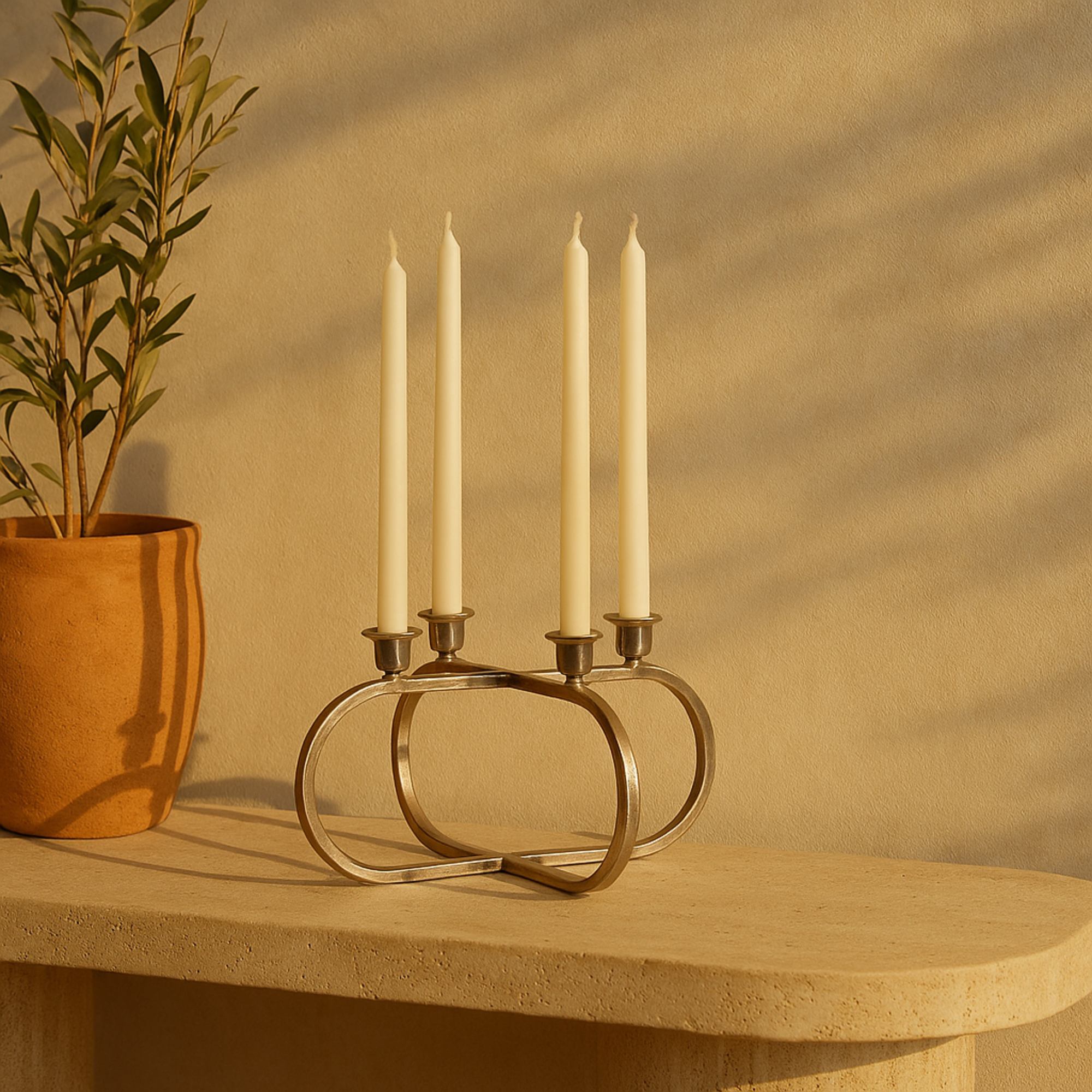 CosmoLiving by Cosmopolitan Geometric Silver Stainless Steel Metal Overlapping Oval Decorative Candelabra