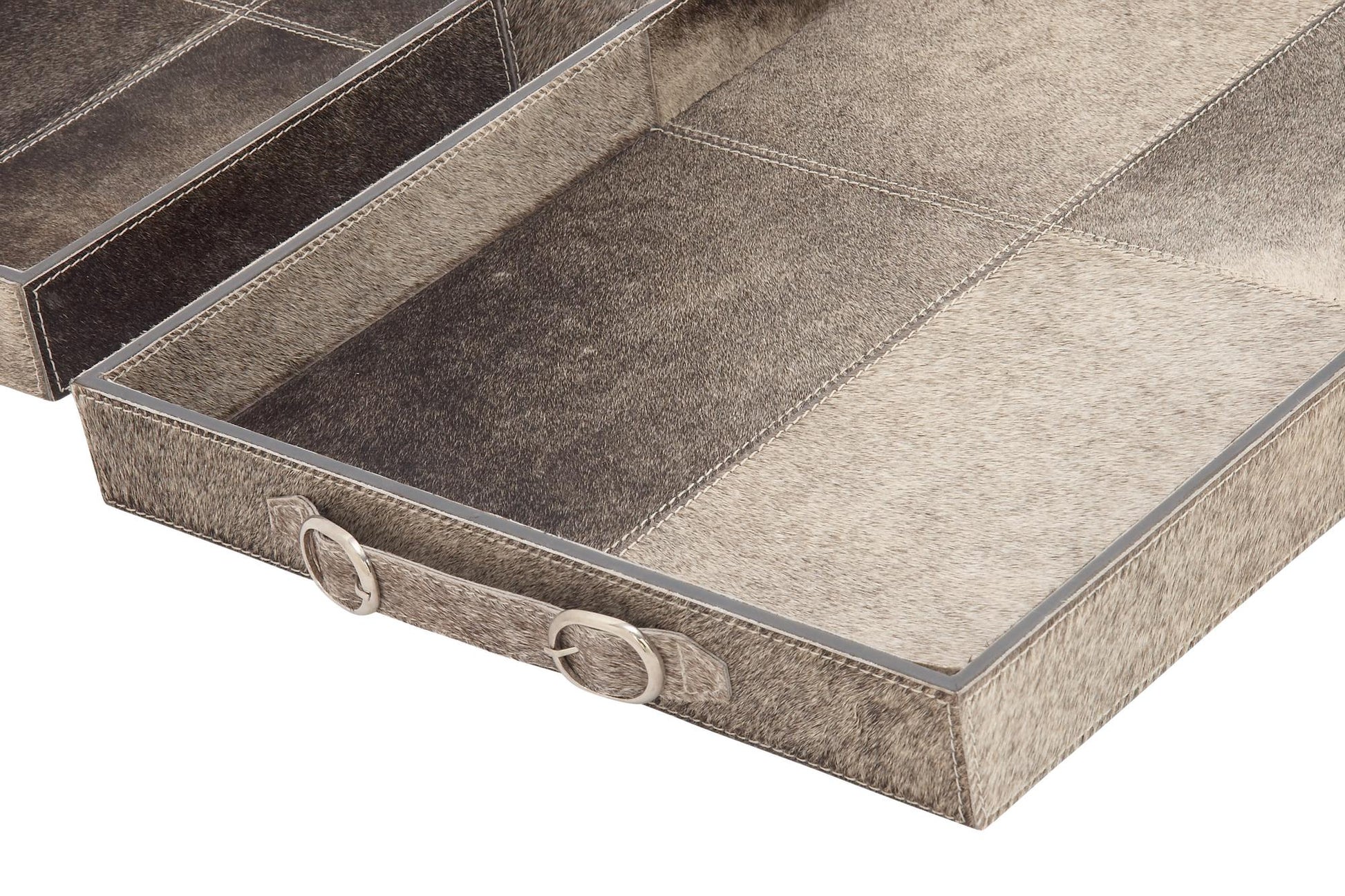 Set of 2 Gray Wooden Handmade Cowhide Living Room Decor Tray with Slot Handles