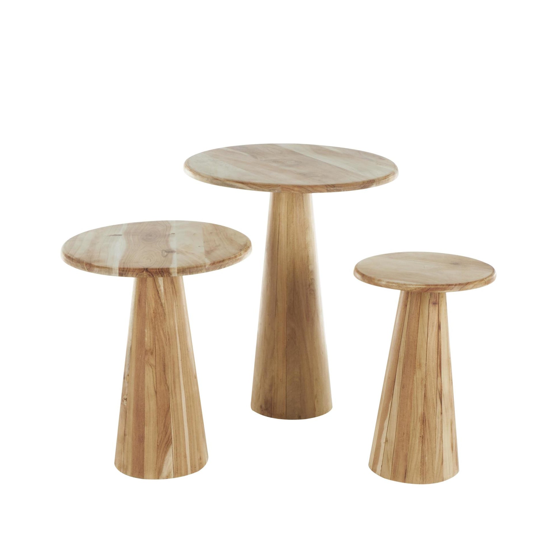 Set of 3 Wood Side End Accent Table with Natural Wood Grains and Cone Shaped Bases