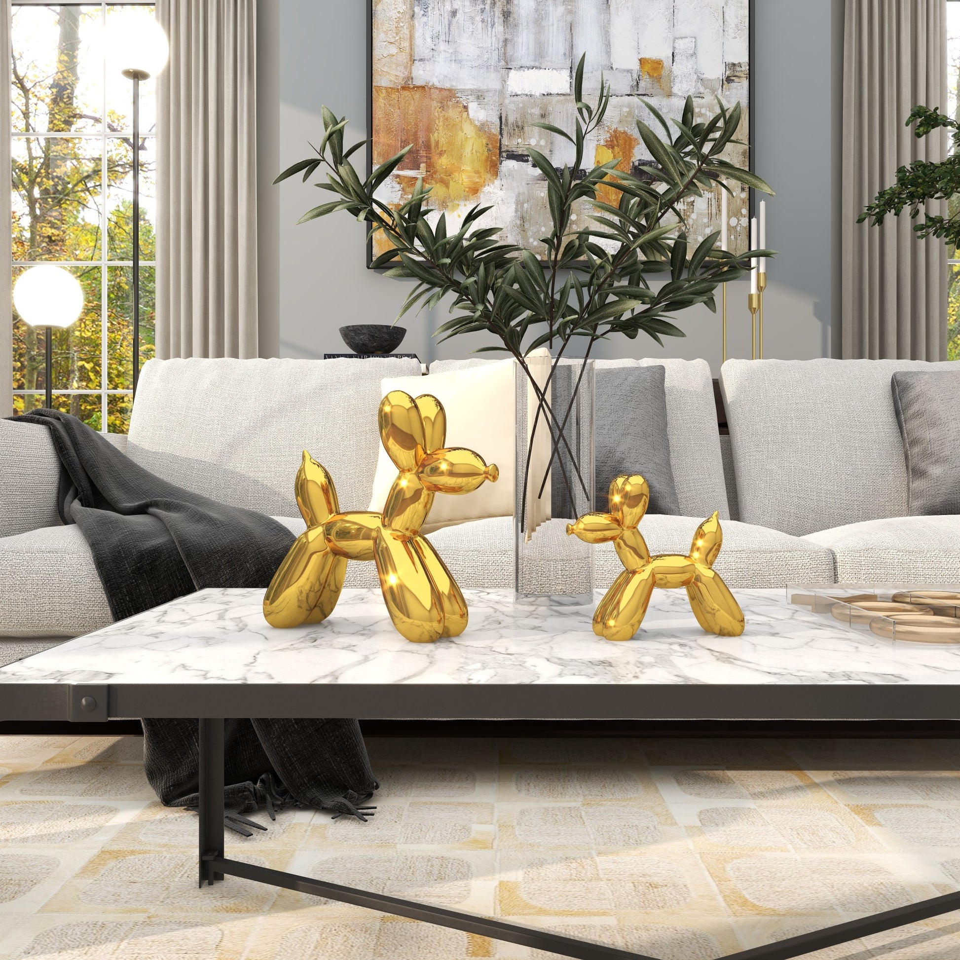 Set of 2 Dog Porcelain Ceramic Balloon Decorative Sculpture