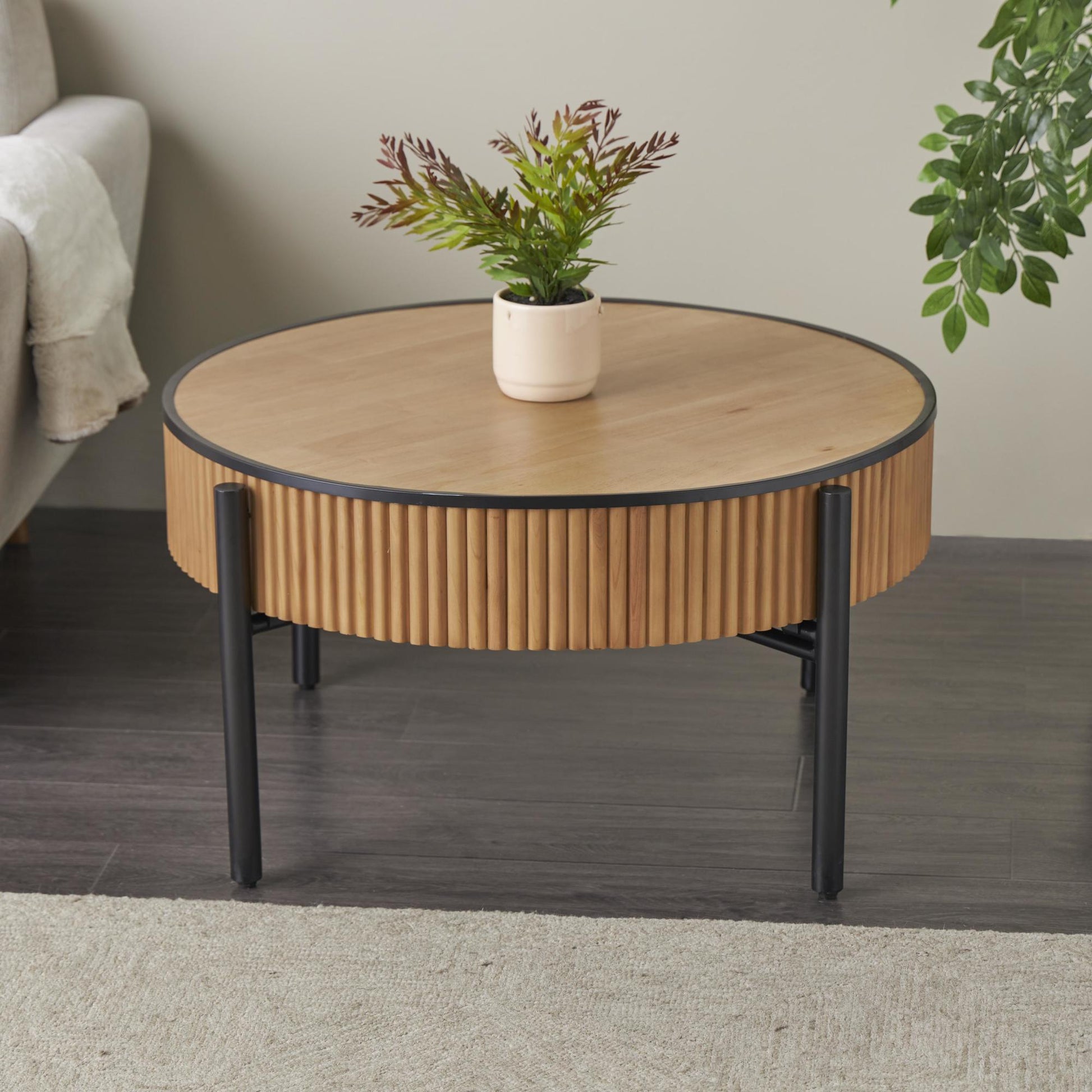 Brown Wooden Handmade Slatted Coffee Table with Black Legs