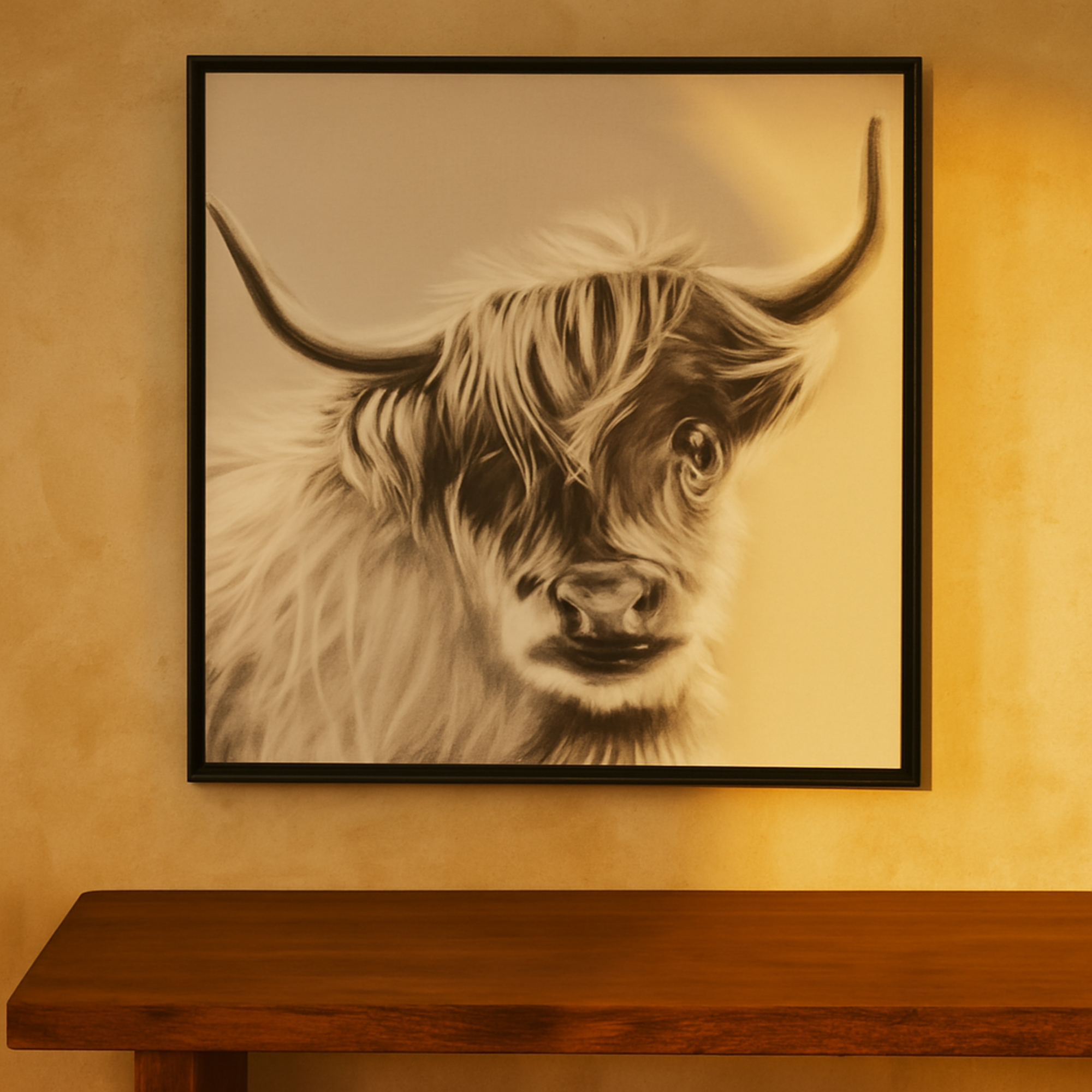 Bull White Canvas Shaded Living Room Framed Wall Art with Black Frame