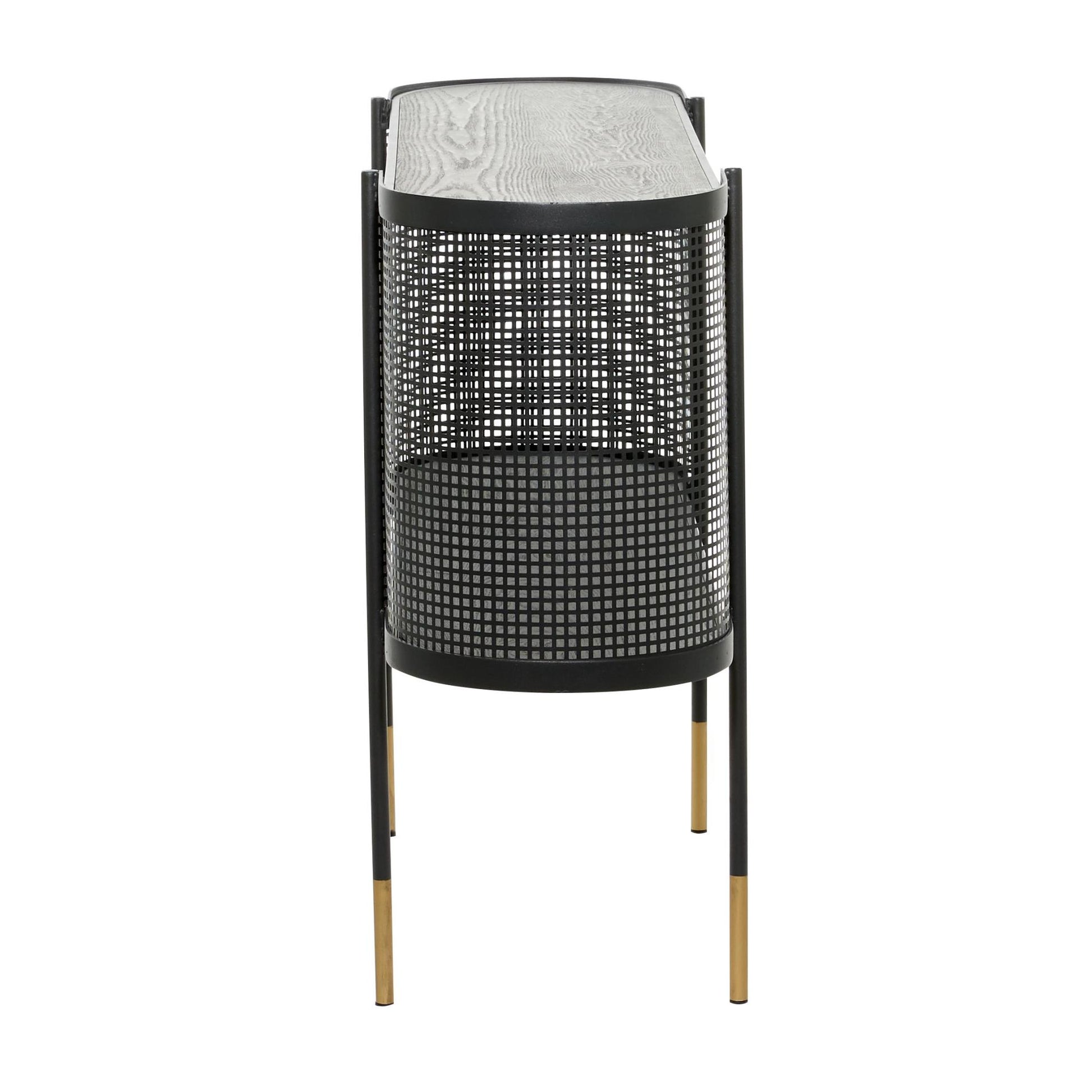 Black Metal Mesh Side Panel Living Room Console Table with Open Center Storage