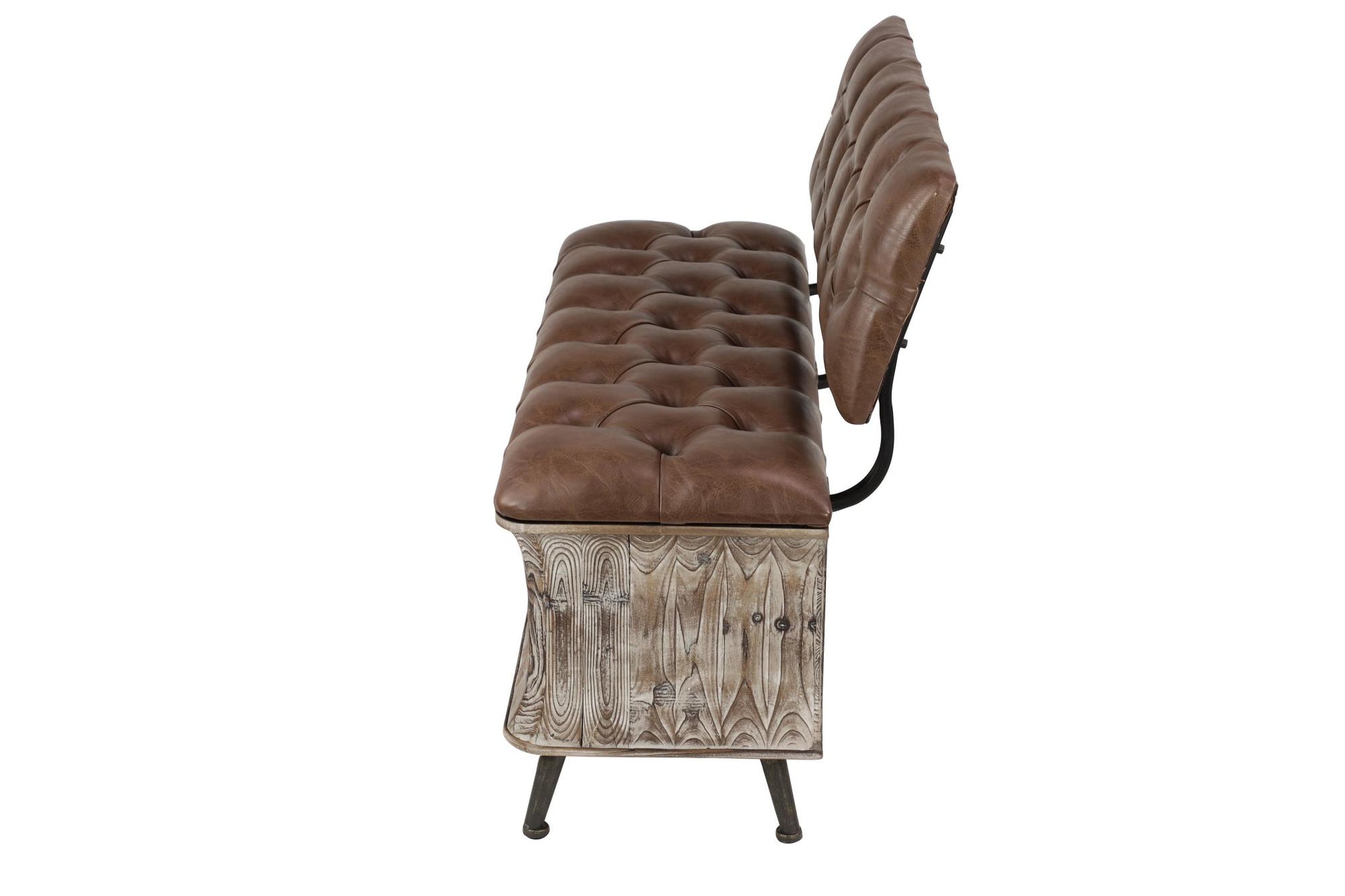 Brown Wood Room Storage Bench with Tufted Faux Leather Seat and Back