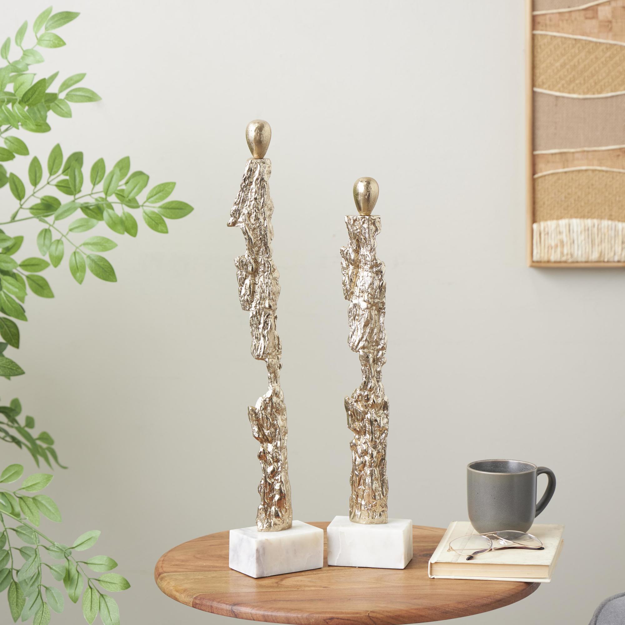 Set of 2 Abstract Gold Aluminum Metal Tall Textured Figurine Decorative Sculpture with Marble Bases