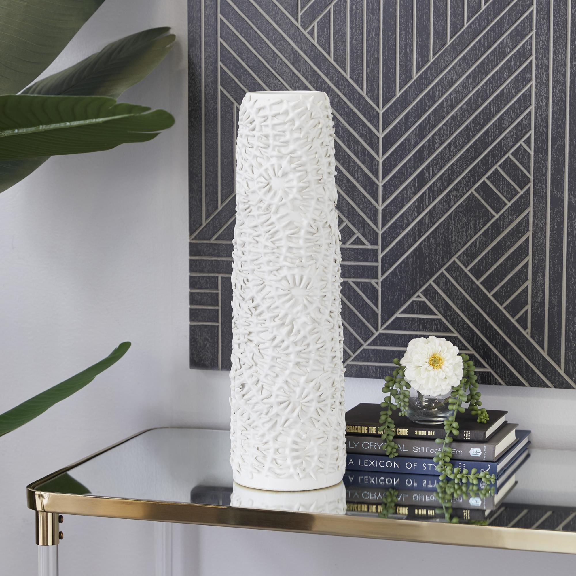 Leaf White Ceramic Embossed Decorative Vase