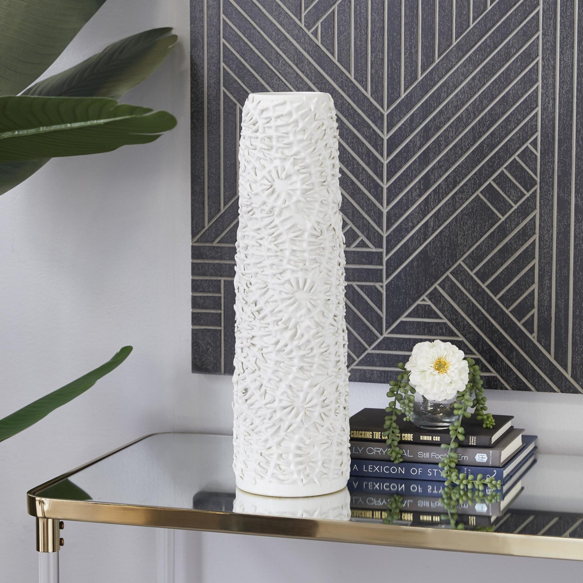 Leaf White Ceramic Embossed Decorative Vase