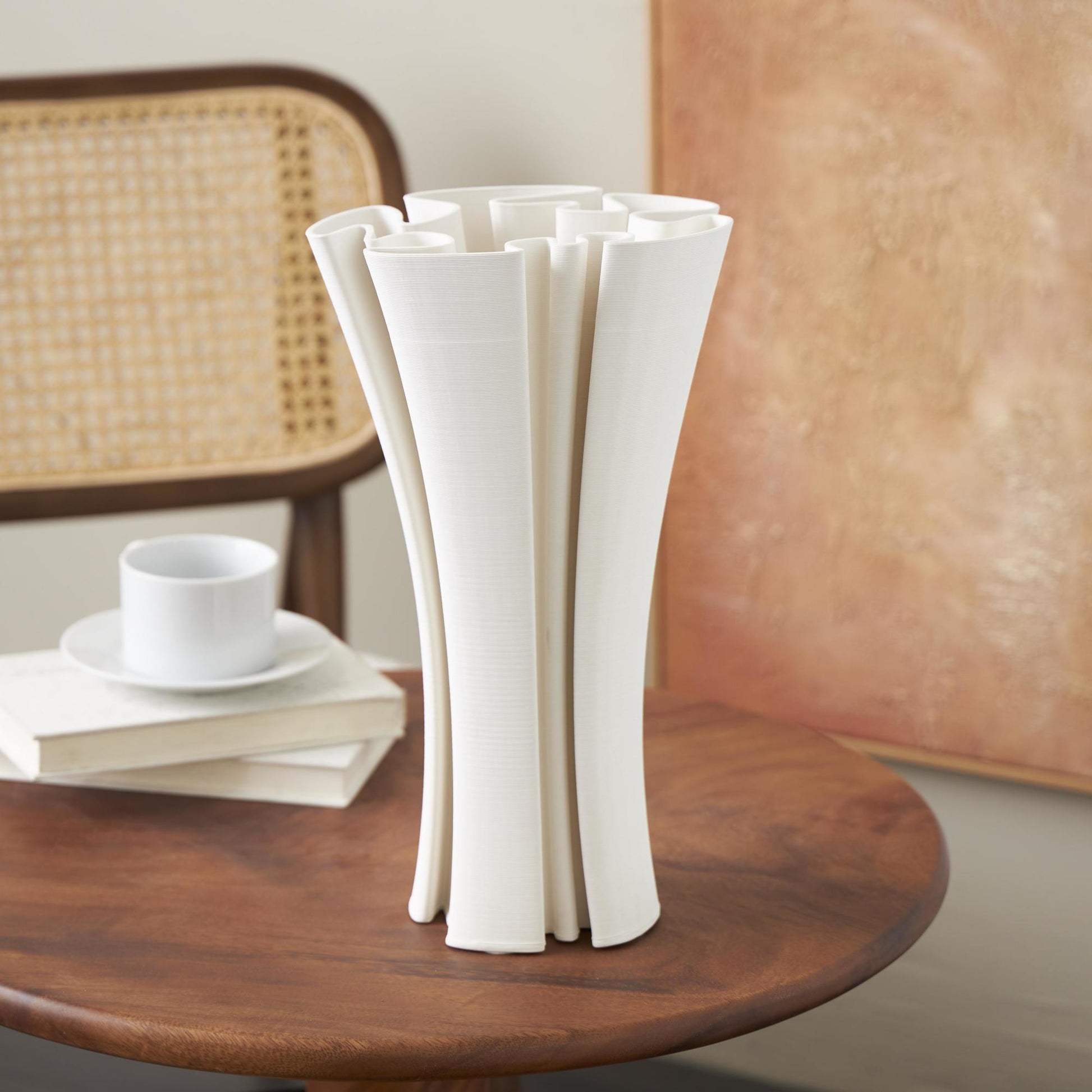 Abstract White Ceramic Ribbed Dimensional Folded Decorative Vase with Curvy Rim