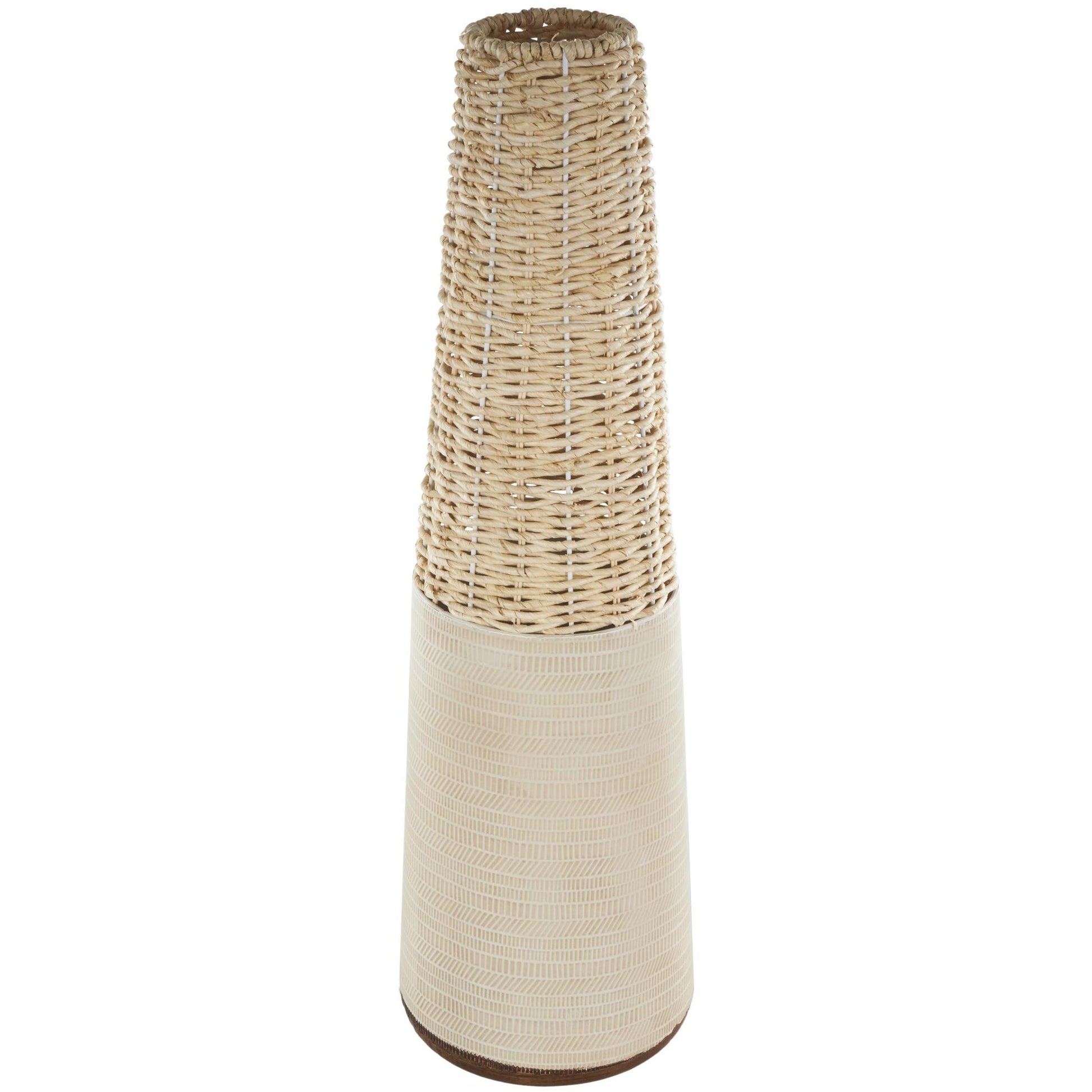 Geometric Light Brown Rattan Handmade Woven Decorative Vase with Beige Metal Base