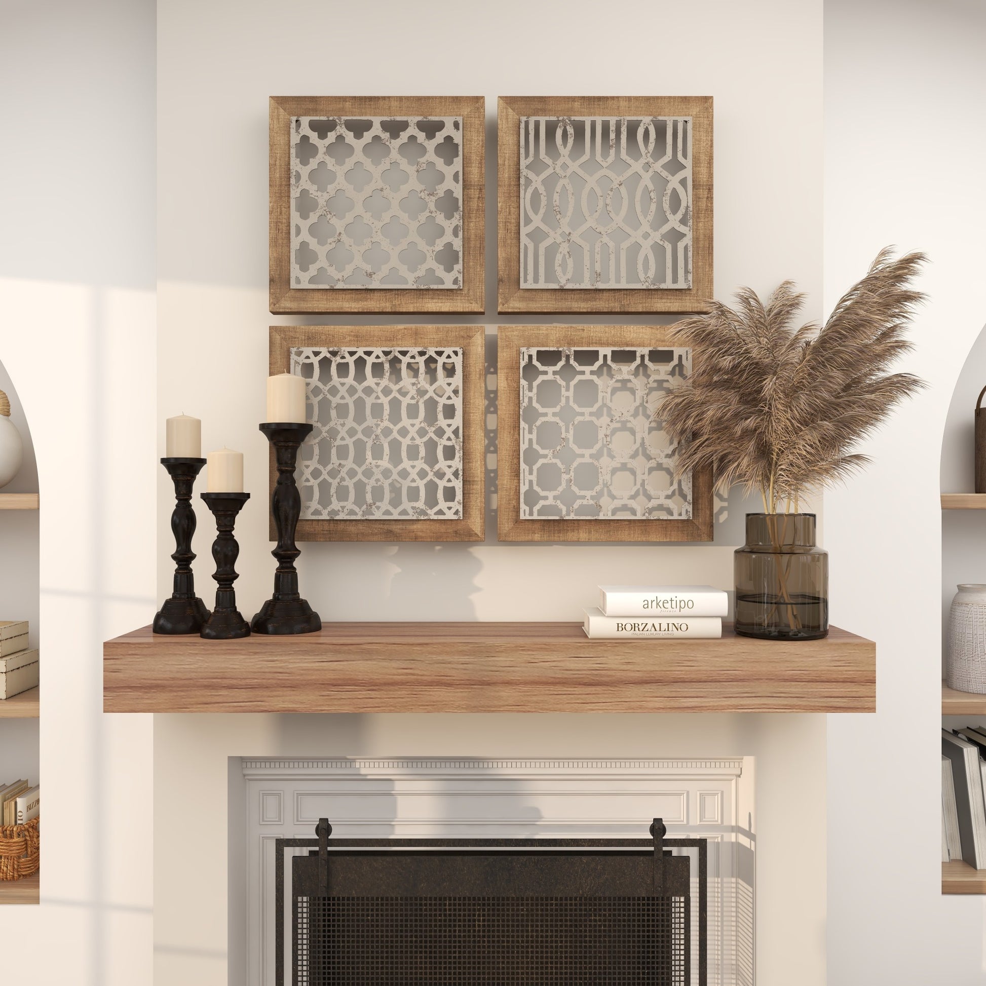 Set of 4 Geometric Brown Wood Home Wall Decor with Silver Metal Trellis Cutouts